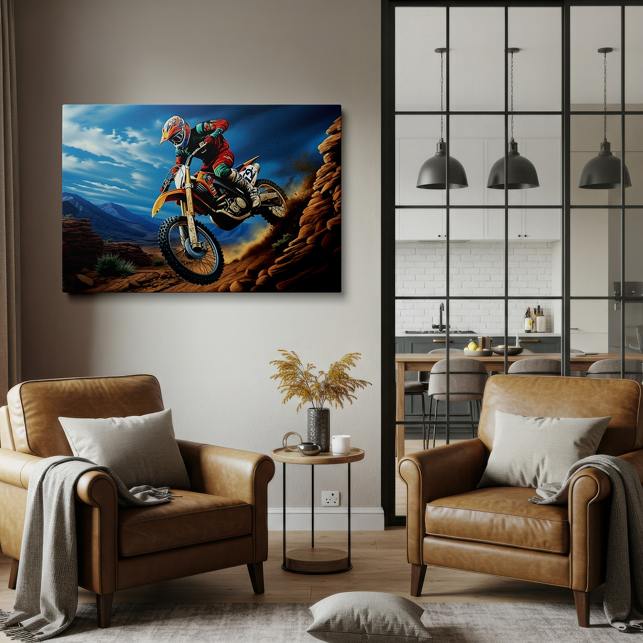 Side profile highlights a tightly wrapped canvas over a 3 cm deep stretcher — motocross racing excitement frozen mid-air over tough terrain - large wall art, canvas, decor for office and bedroom