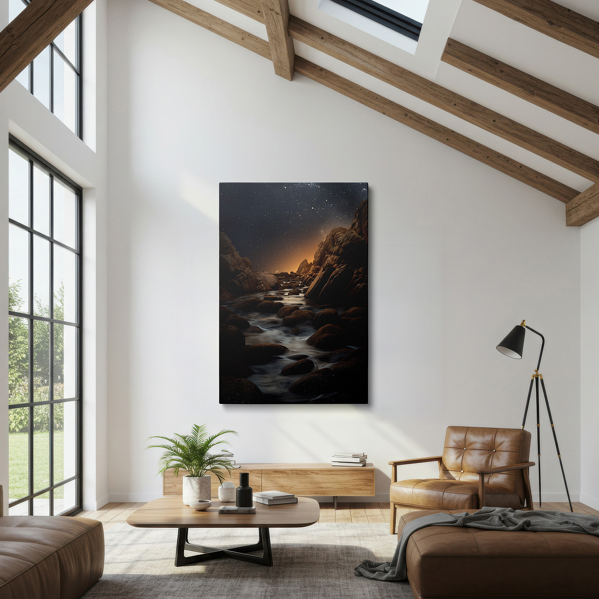 Side profile highlights a tightly wrapped canvas over a 3 cm deep stretcher — mystical shoreline canvas art: rugged rocks and gentle waters under a starry sky - large wall decor for office