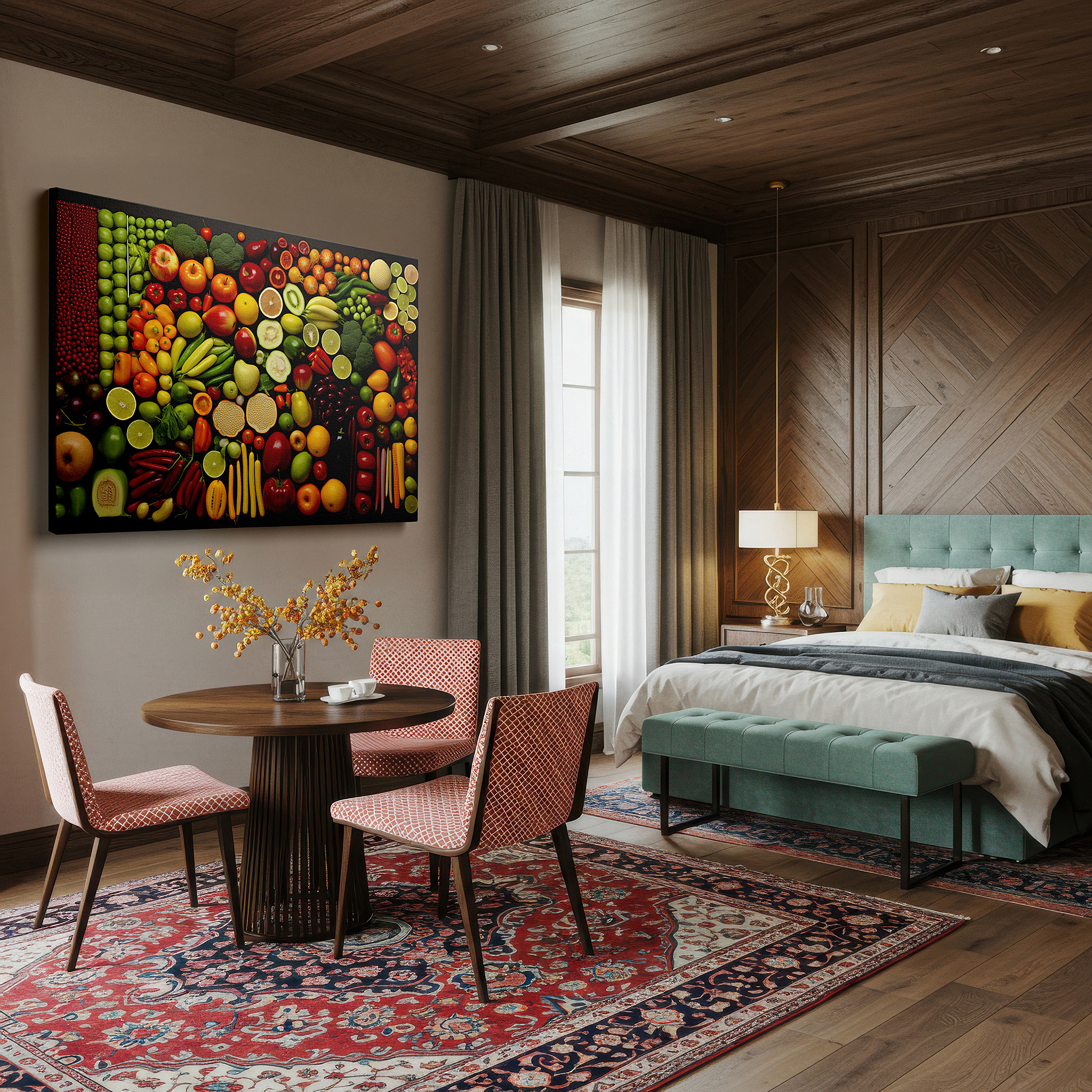 Side profile highlights a tightly wrapped canvas over a 3 cm deep stretcher — nature's bounty celebration: vibrant fruits and vegetables large wall art, canvas decor for office and bedroom