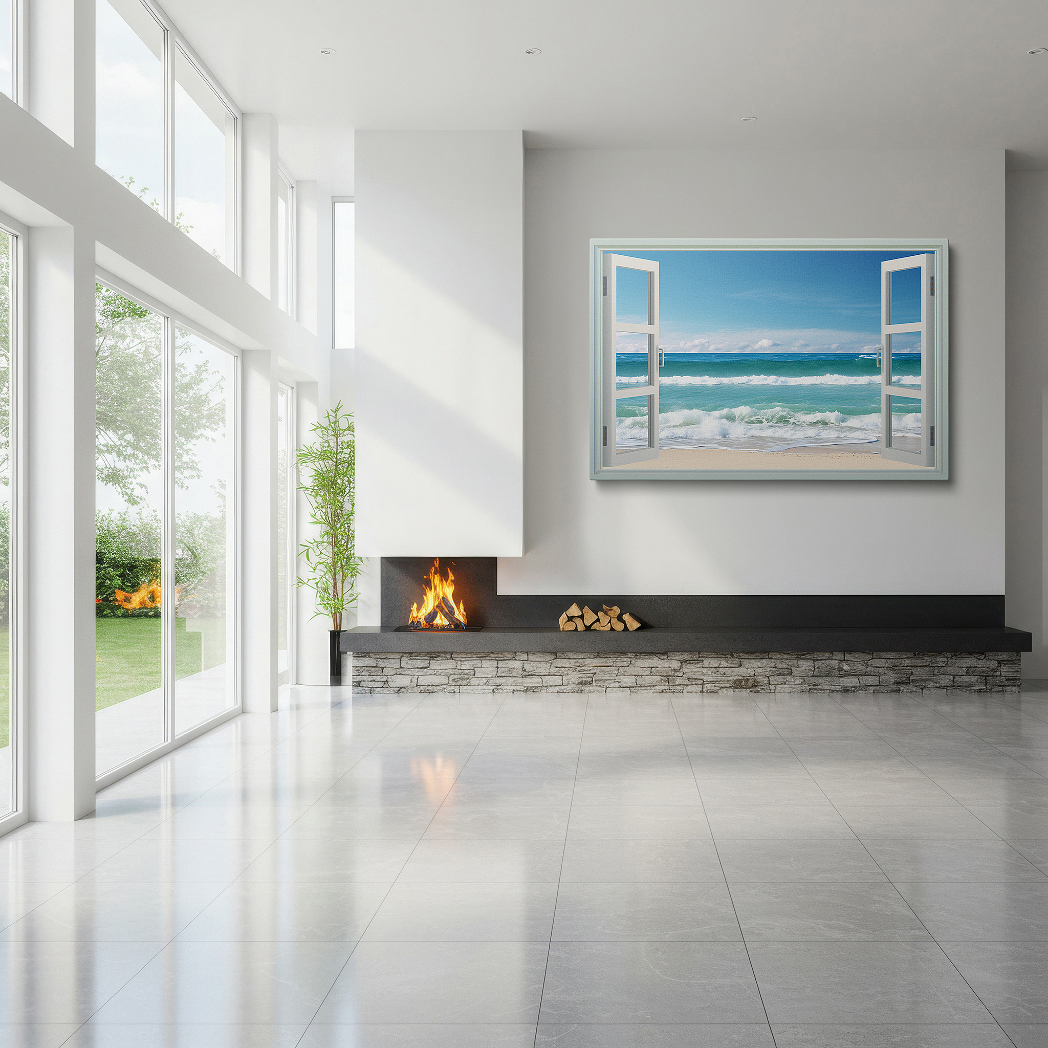 Side profile highlights a tightly wrapped canvas over a 3 cm deep stretcher — ocean waves and open windows - serene coastal large wall art, canvas decor for office and bedroom