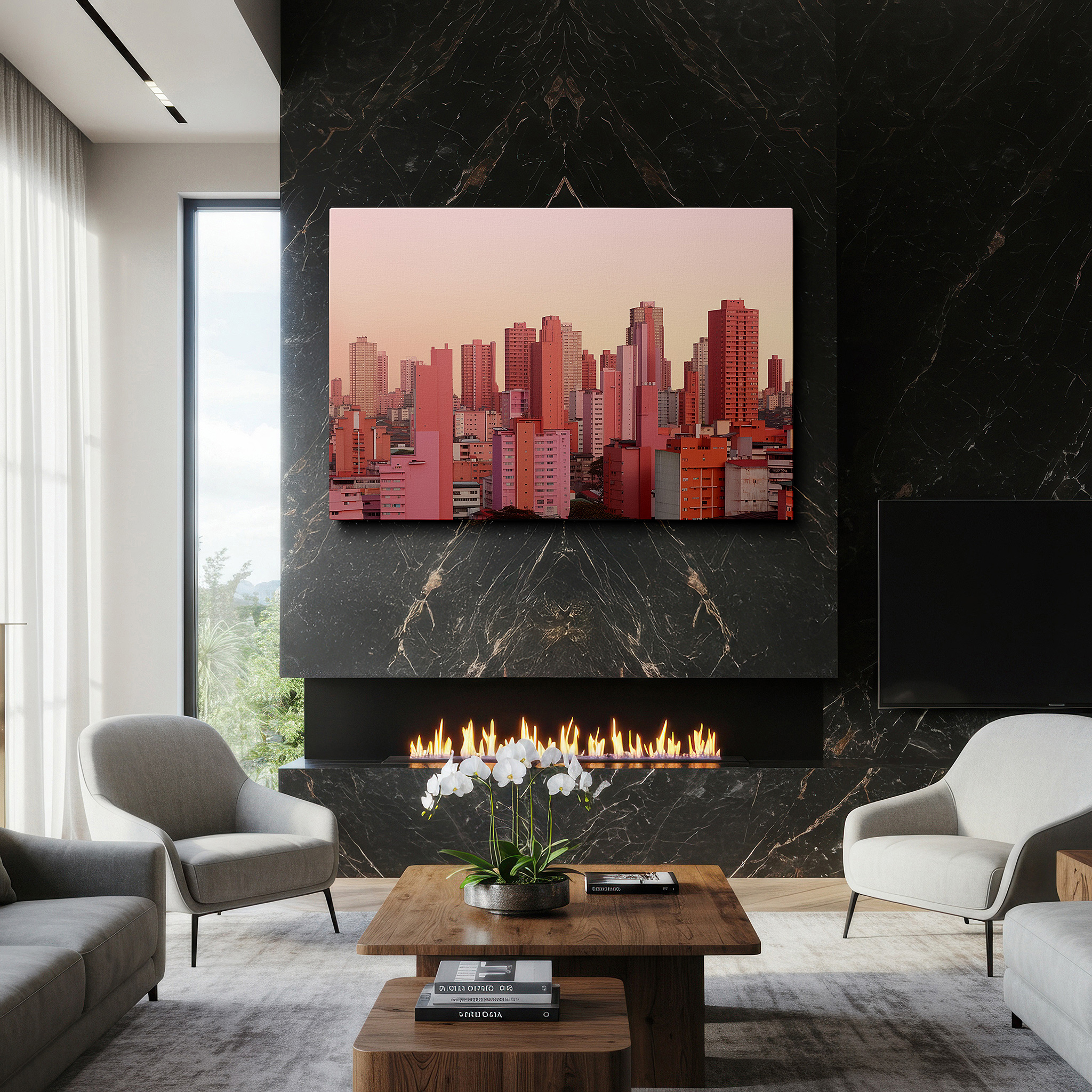 Side profile highlights a tightly wrapped canvas over a 3 cm deep stretcher — pink-hued sunset skyline: urban elegance, tranquil city strength and twilight serenity - large canvas wall art decor