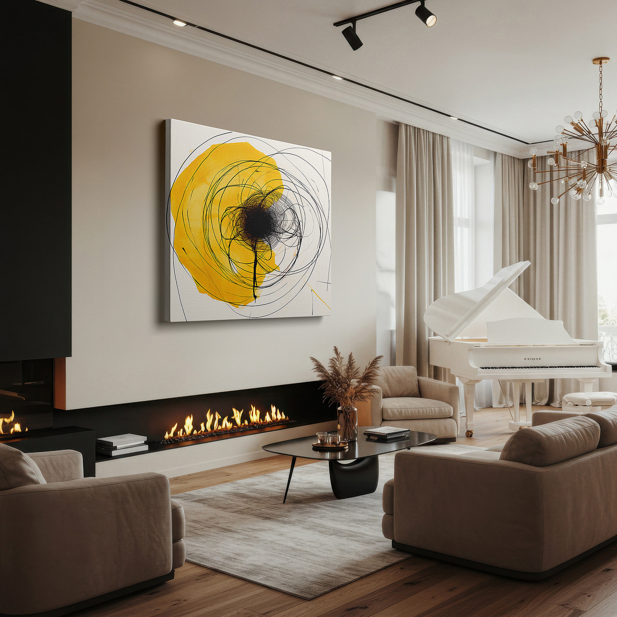 Side profile highlights a tightly wrapped canvas over a 3 cm deep stretcher — radiant yellow spiral chaos and creativity large canvas wall art for office and bedroom decor