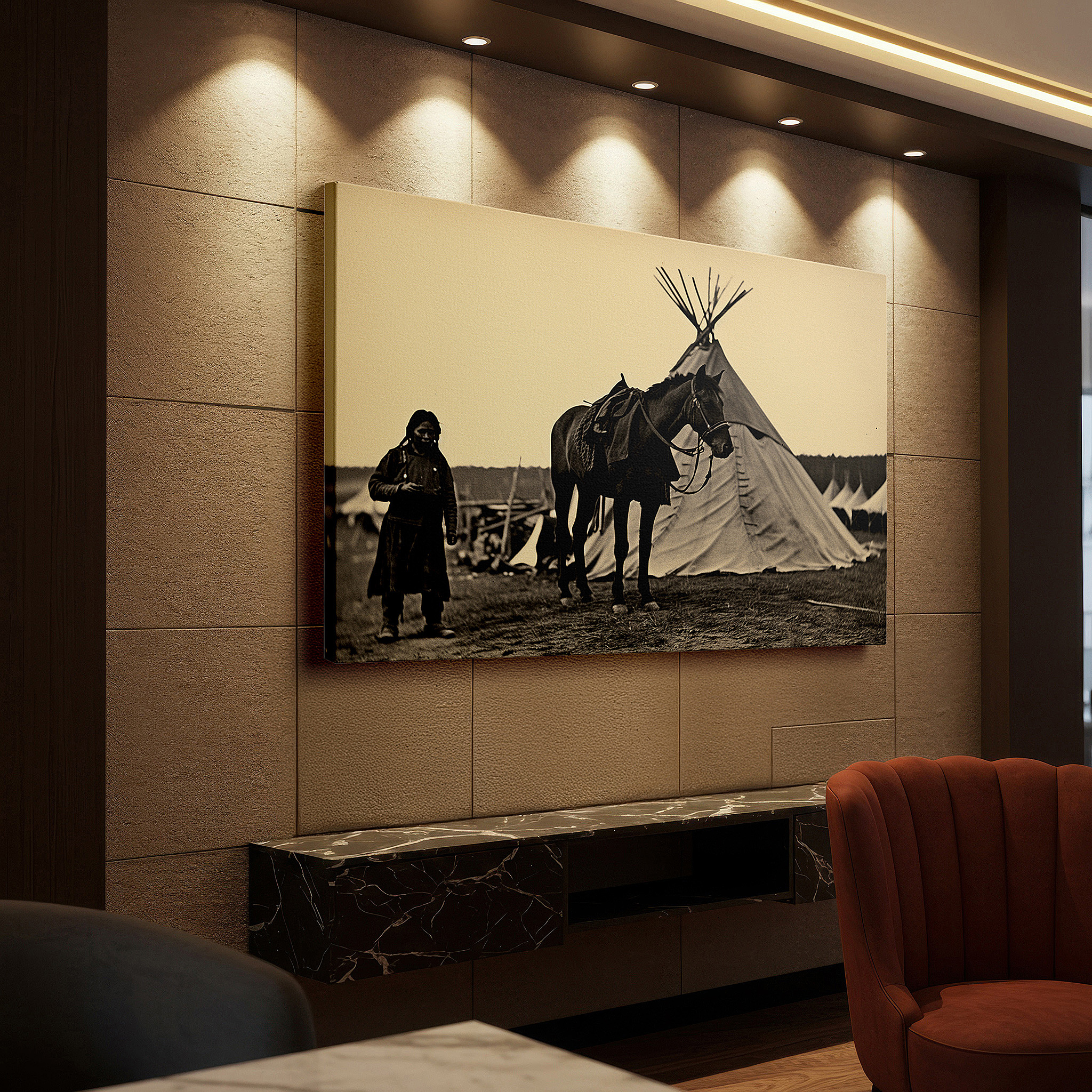 Side profile highlights a tightly wrapped canvas over a 3 cm deep stretcher — sepia-toned timeless scene of serenity featuring a woman and horse near a teepee - large canvas wall art for office and bedroom decor