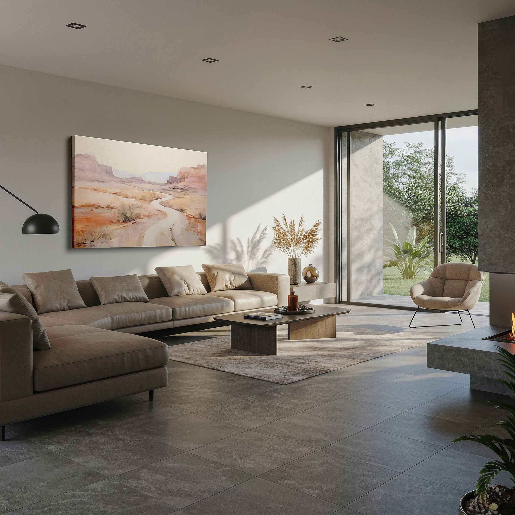Side profile highlights a tightly wrapped canvas over a 3 cm deep stretcher — serene desert pathway - tranquil journey through expansive wilderness large wall art, canvas wall art, wall decor for office and bedroom