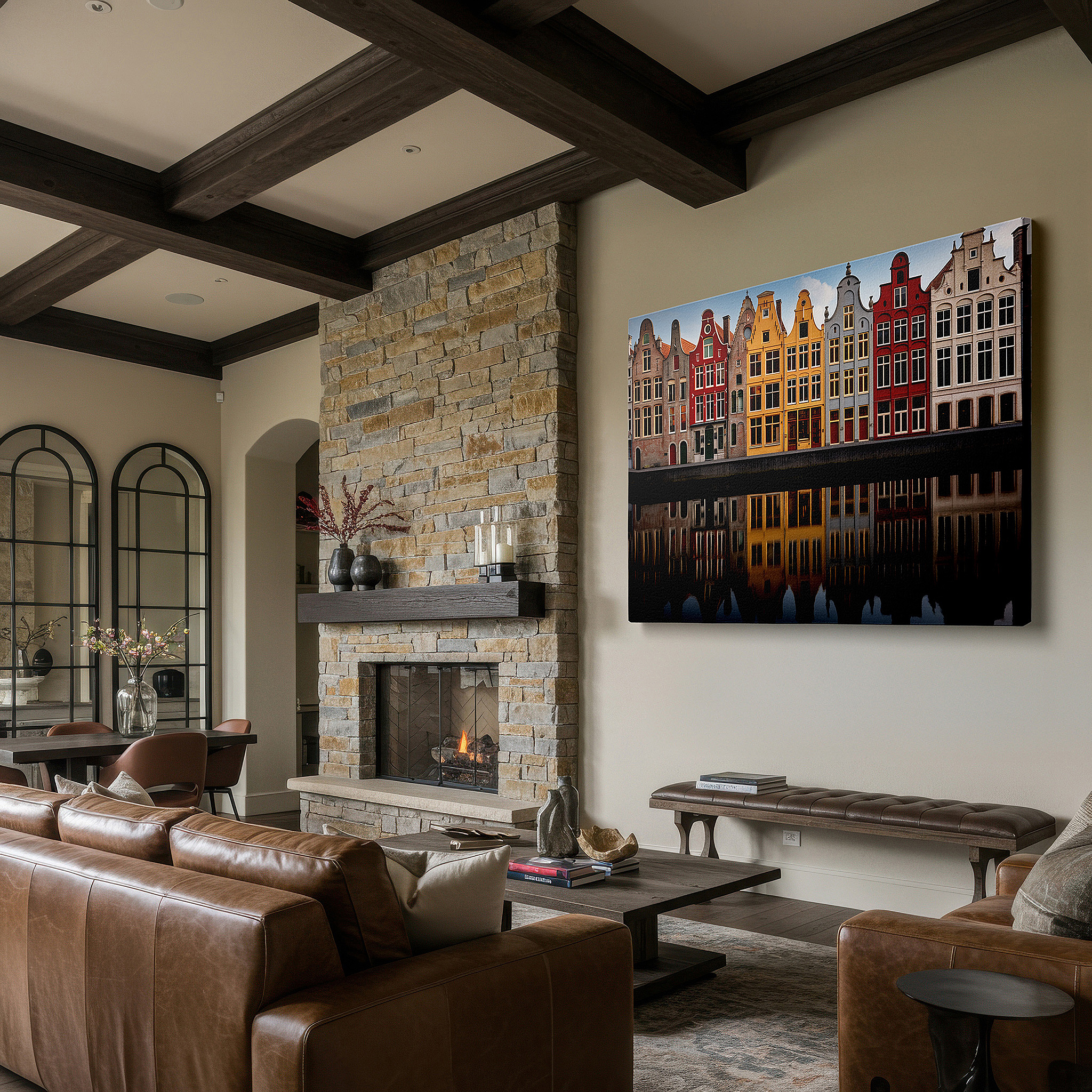 Side profile highlights a tightly wrapped canvas over a 3 cm deep stretcher — serene dutch townscape with vibrant gabled buildings reflected in tranquil waters - large canvas wall art for office decor