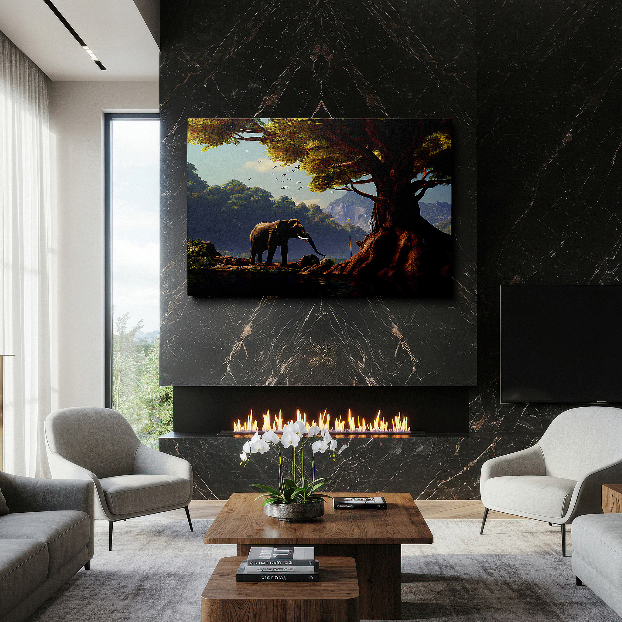 Side profile highlights a tightly wrapped canvas over a 3 cm deep stretcher — serene majesty of a solitary elephant beside a towering tree in a peaceful nature scene large wall art, canvas wall art, wall decor, office wall art