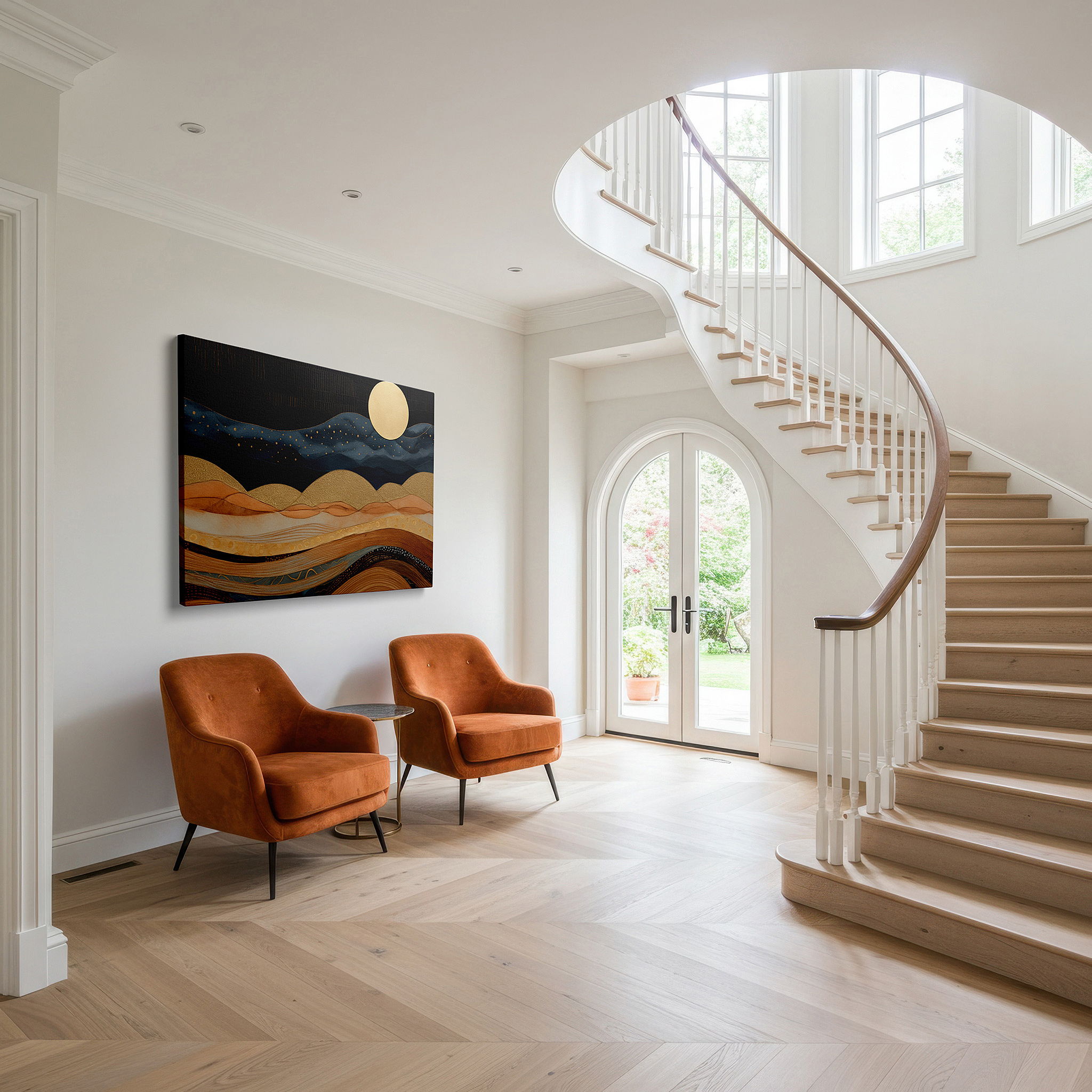 Side profile highlights a tightly wrapped canvas over a 3 cm deep stretcher — serene mountain vista with golden moon, peaceful haven in gentle pastels, large canvas wall art for home and office decor