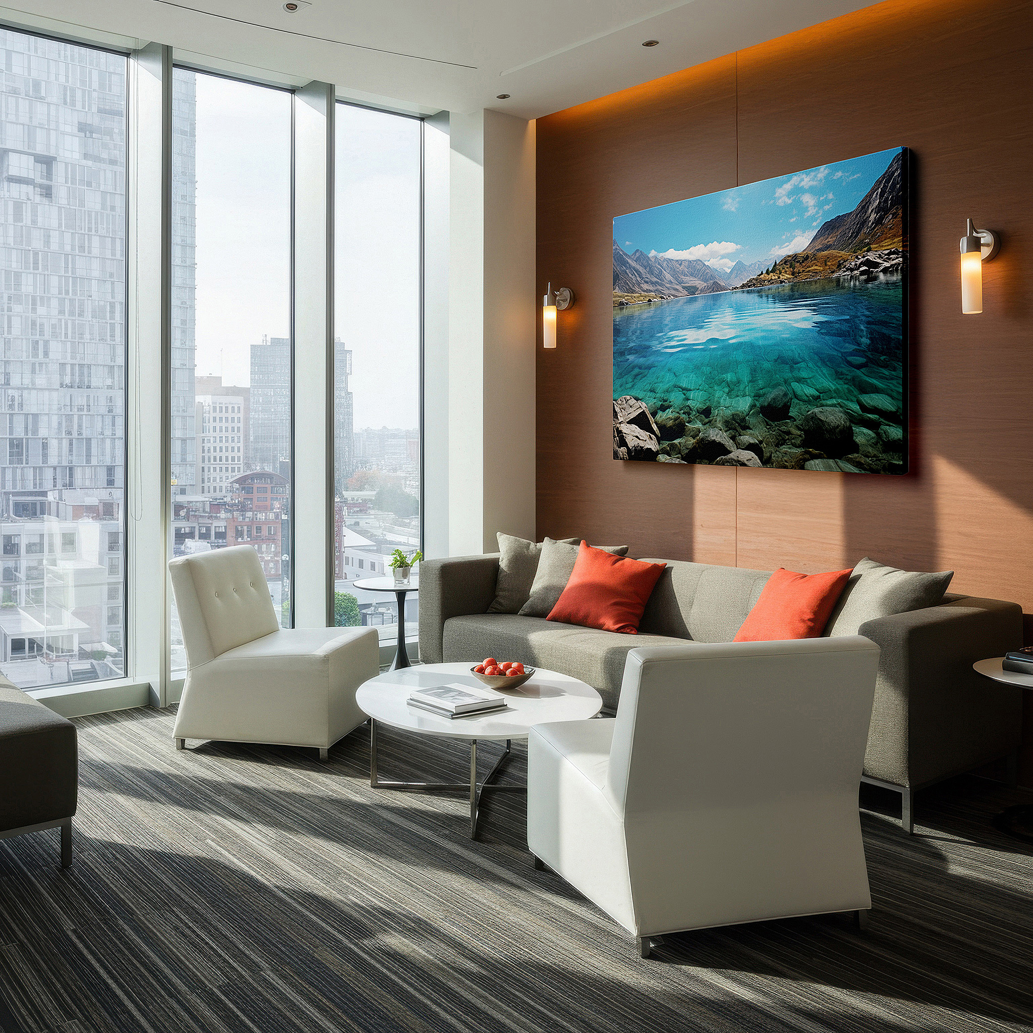 Side profile highlights a tightly wrapped canvas over a 3 cm deep stretcher — snow-capped mountains and golden skies reflected in majestic lake large canvas wall art for office and bedroom decor