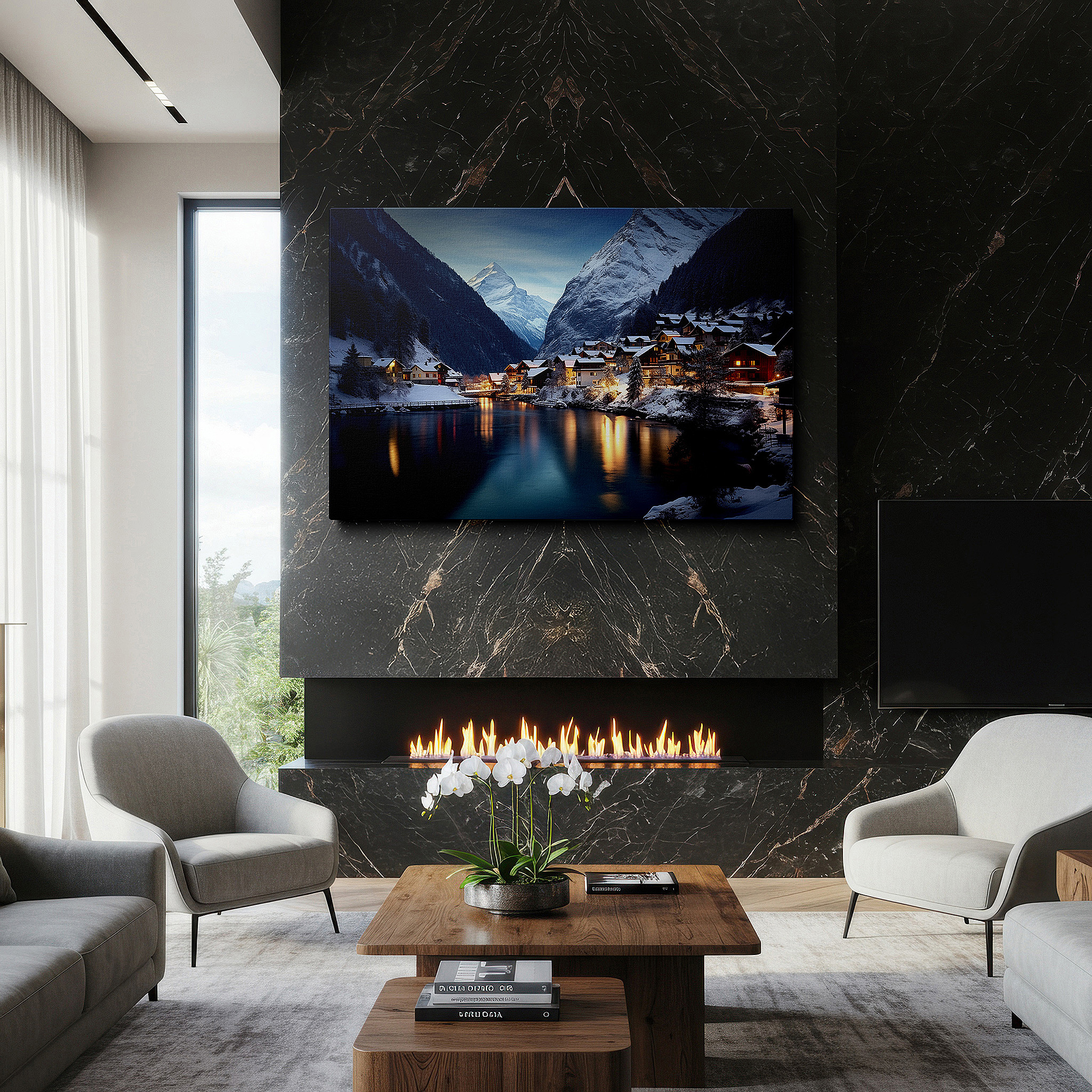 Side profile highlights a tightly wrapped canvas over a 3 cm deep stretcher — snow-covered village at twilight serenity, surrounded by majestic mountains large wall art, canvas wall art, wall decor for office and bedroom