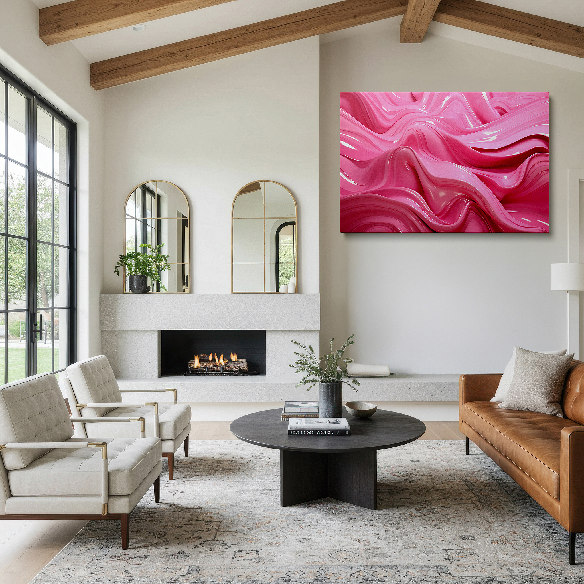 Side profile highlights a tightly wrapped canvas over a 3 cm deep stretcher — soothing pink waves, abstract expressionist large wall art, canvas decor for office, bedroom, and living room