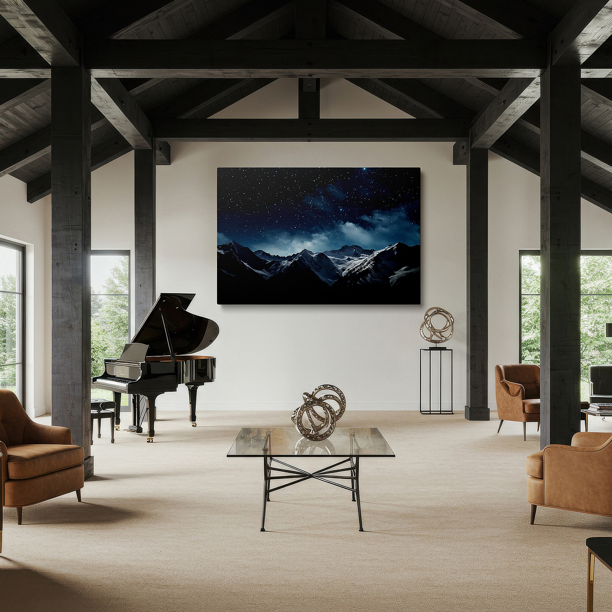 Side profile highlights a tightly wrapped canvas over a 3 cm deep stretcher — starry skies over celestial mountains, serene snow and cosmic beauty large wall art, canvas wall art, wall decor for office