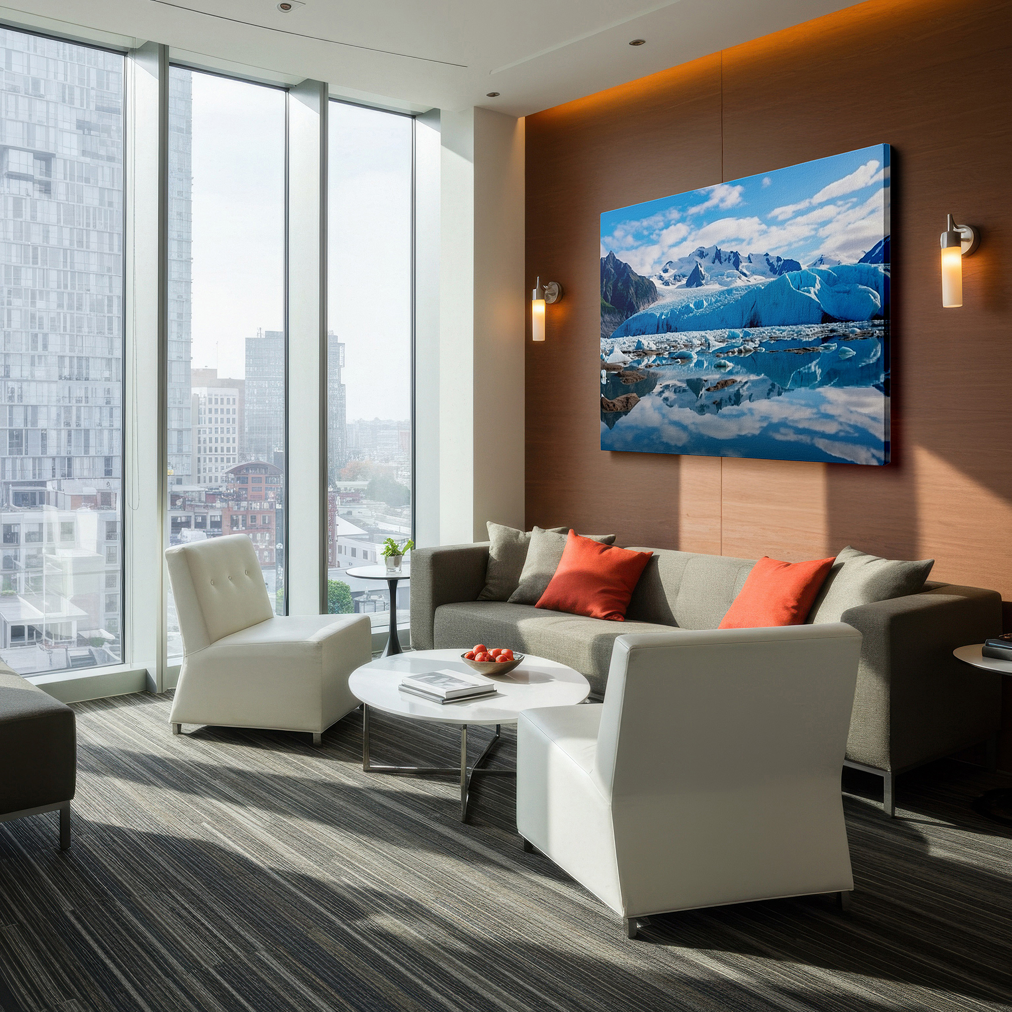 Side profile highlights a tightly wrapped canvas over a 3 cm deep stretcher — stunning glacier reflections in peaceful waters surrounded by lofty mountains - large canvas wall art for office and bedroom decor