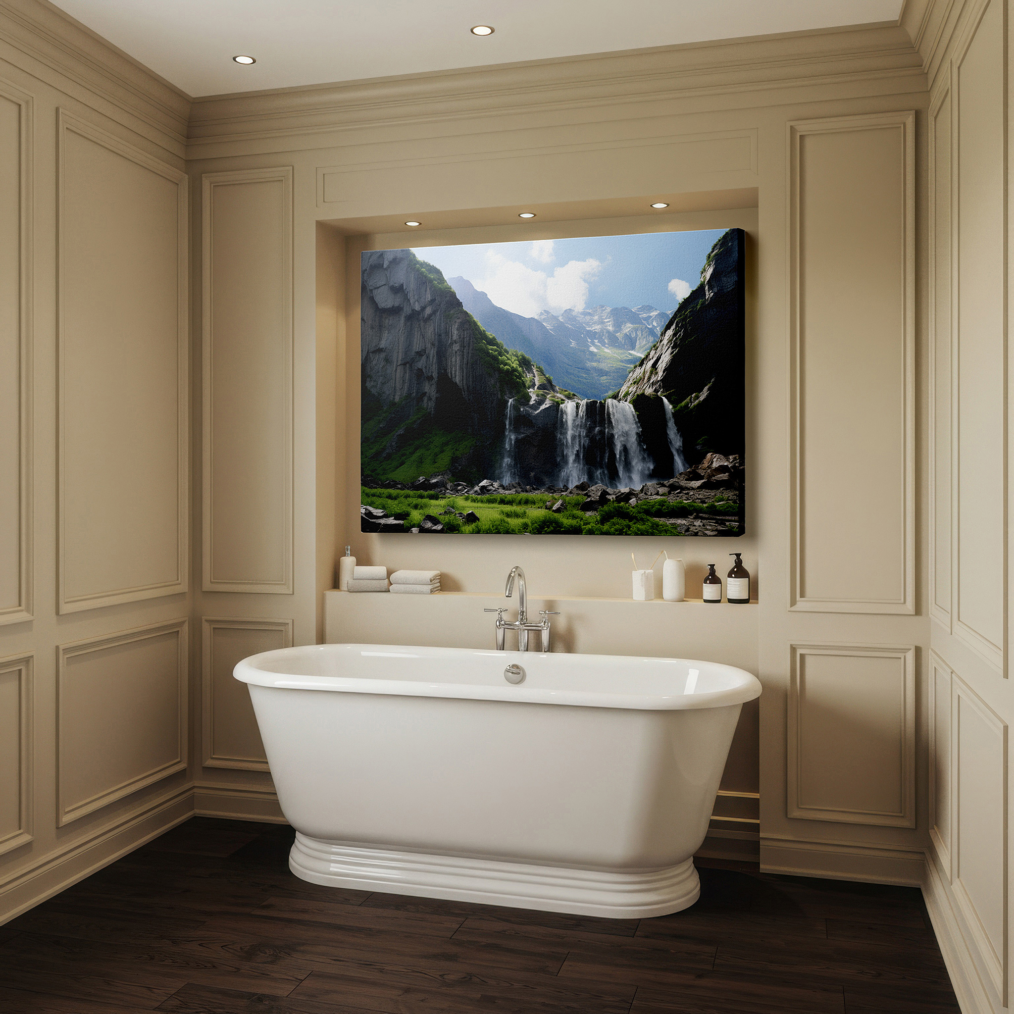 Side profile highlights a tightly wrapped canvas over a 3 cm deep stretcher — stunning waterfall cascading over steep cliffs, a brilliant display of natural beauty - large wall art, canvas wall art, wall decor for office and bedroom