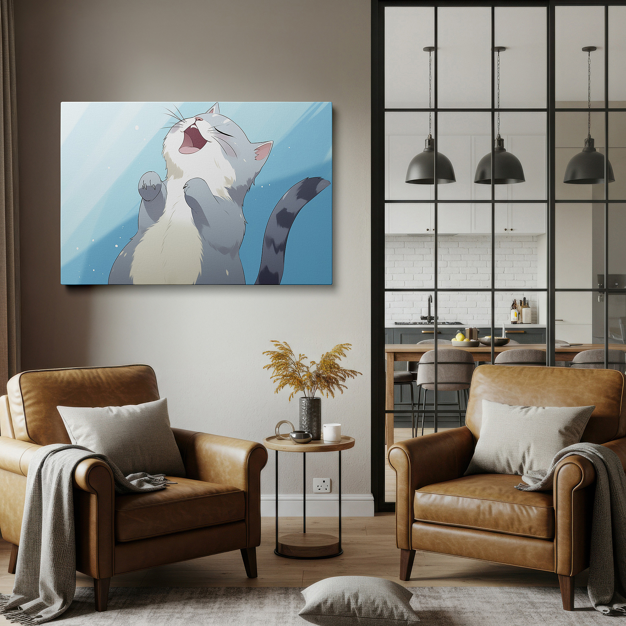 Side profile highlights a tightly wrapped canvas over a 3 cm deep stretcher — sunlit cat's playful antics on a serene blue background - large canvas wall art for office, living room, and bedroom decor