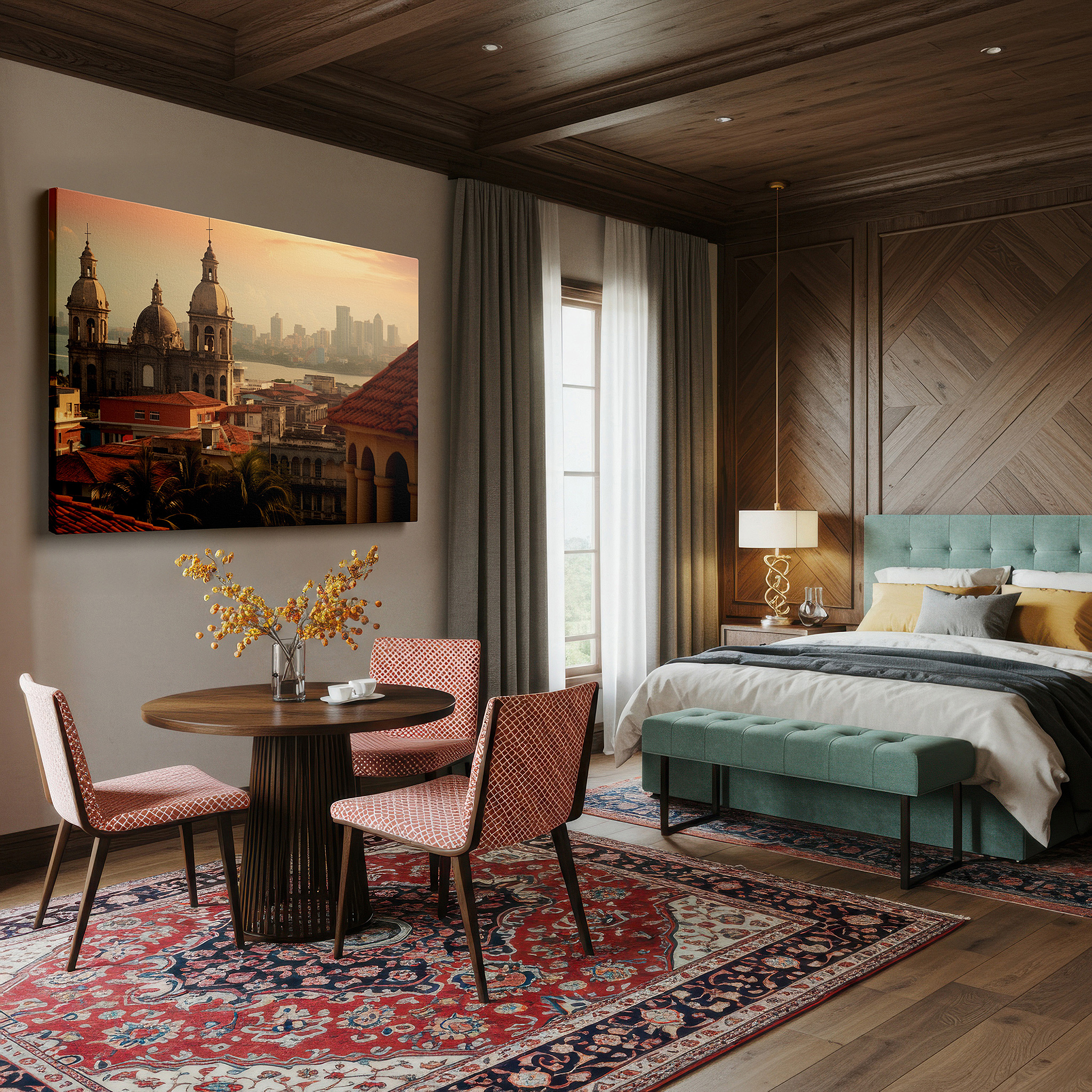 Side profile highlights a tightly wrapped canvas over a 3 cm deep stretcher — sunset over cathedral and cityscape - blending timeless architecture with modern development, large canvas wall art for office decor
