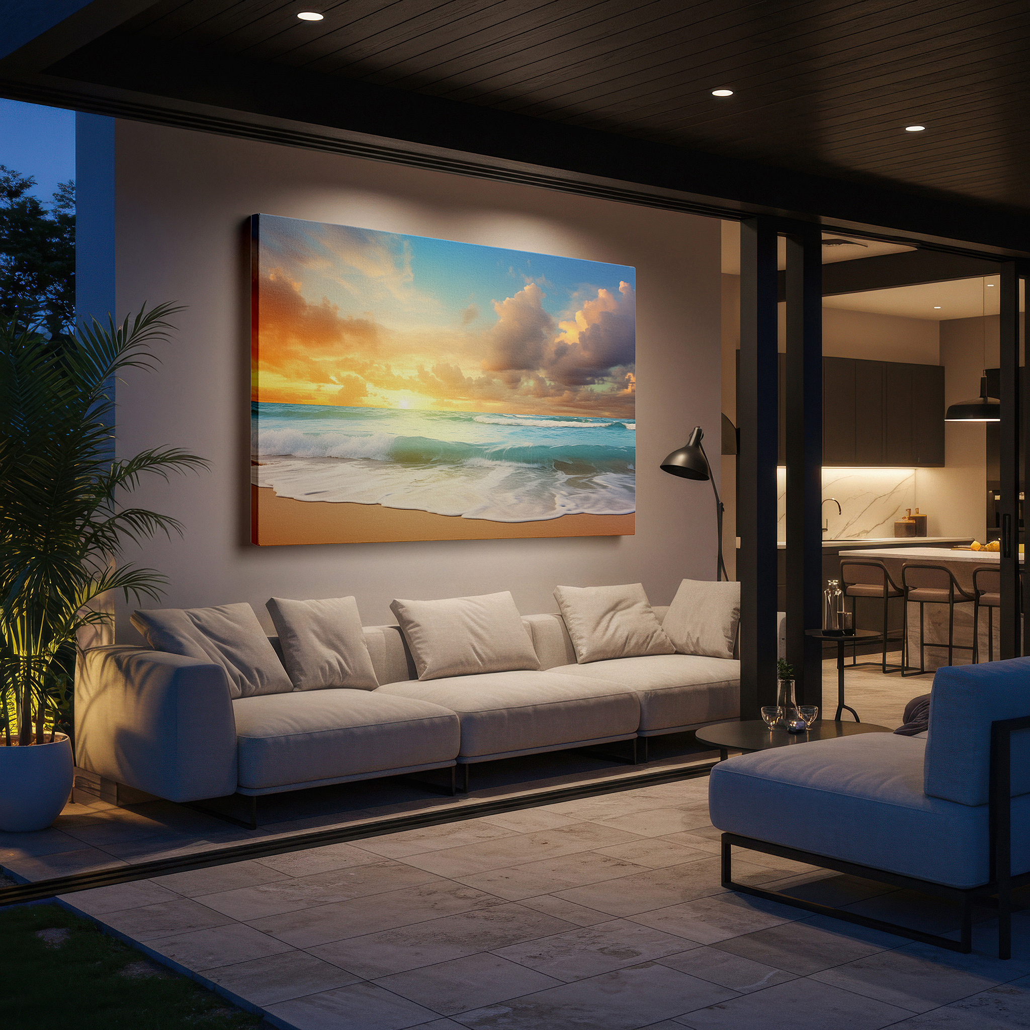 Side profile highlights a tightly wrapped canvas over a 3 cm deep stretcher — sunset ocean splendor - peaceful haven with fiery skies and gentle waves large wall art, canvas wall art, wall decor for office and bedroom