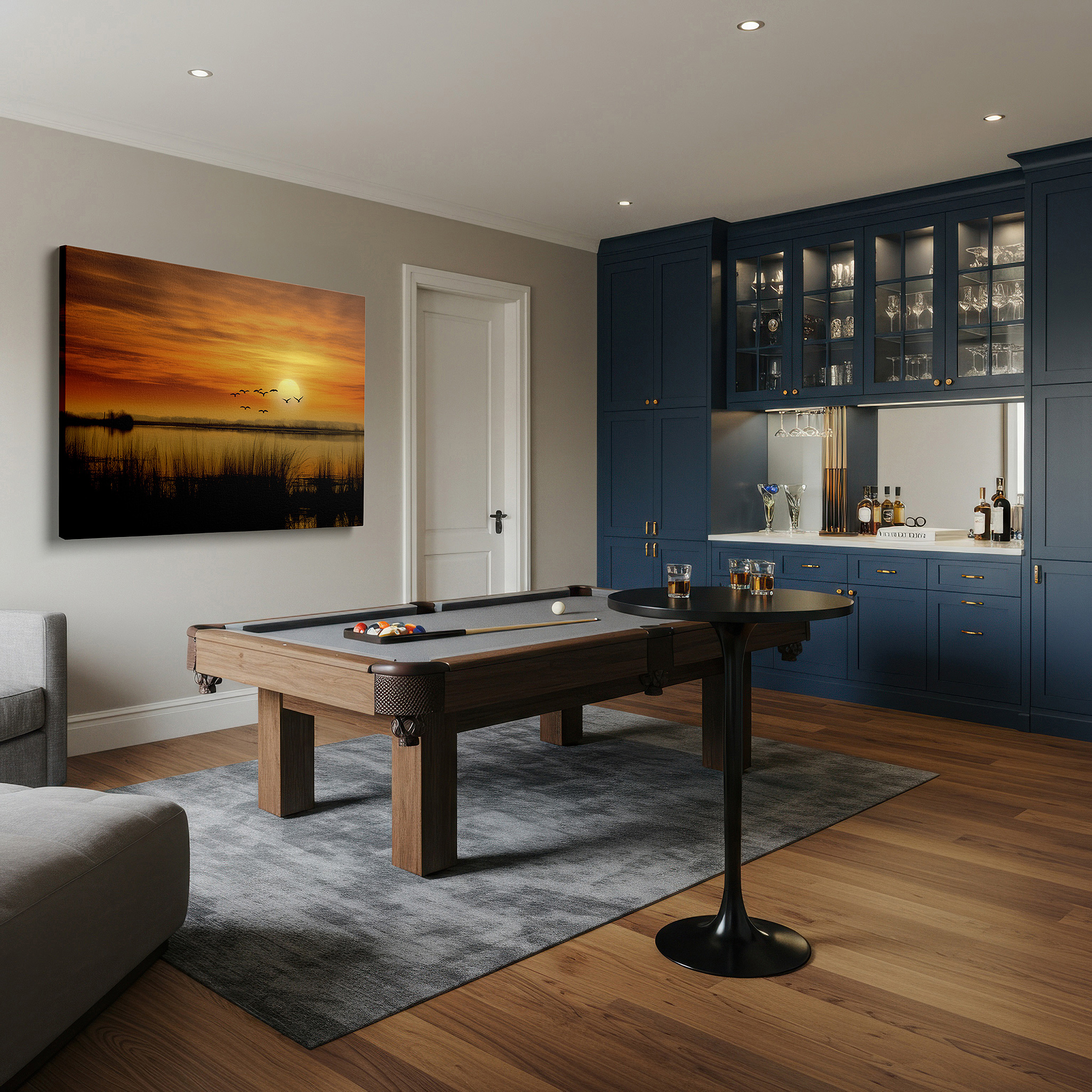 Side profile highlights a tightly wrapped canvas over a 3 cm deep stretcher — sunset serenity over tranquil waters featuring silhouetted birds in flight - large canvas wall art for office and bedroom decor