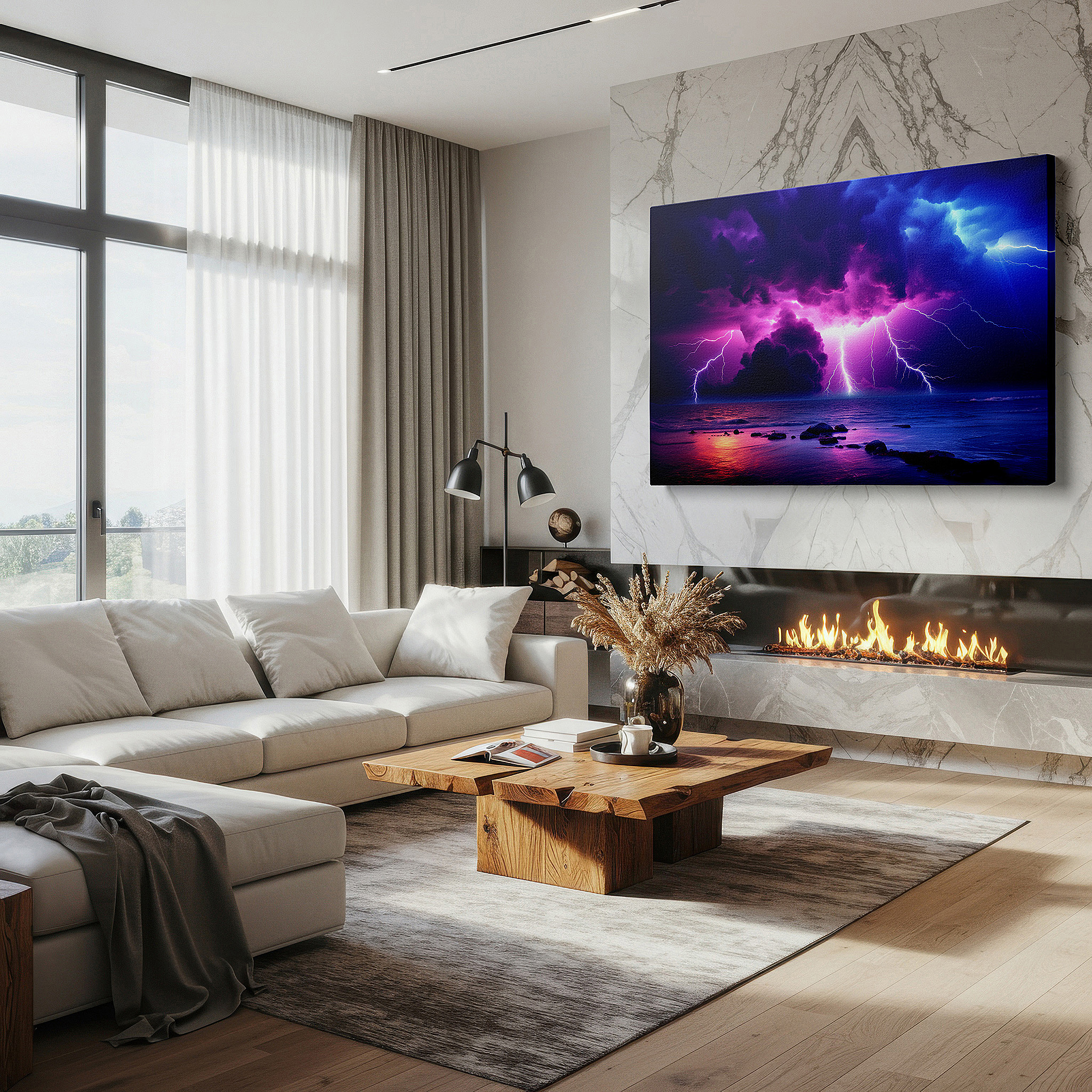Side profile highlights a tightly wrapped canvas over a 3 cm deep stretcher — thunderstorm over the ocean: showcasing the wild power and beauty of nature - large wall art, canvas wall art, wall decor for office