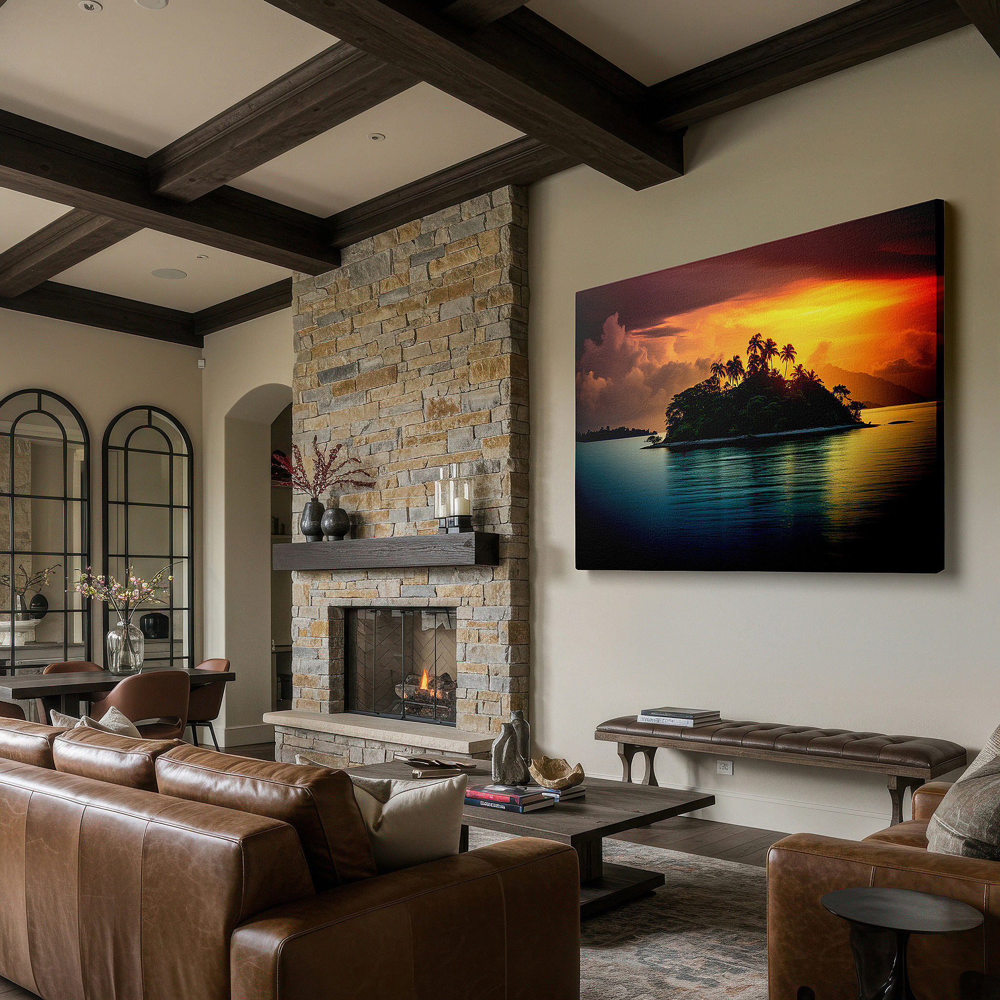 Side profile highlights a tightly wrapped canvas over a 3 cm deep stretcher — tropical paradise with fiery sunset and lush palms: large canvas wall art for office, bedroom, and living room decor