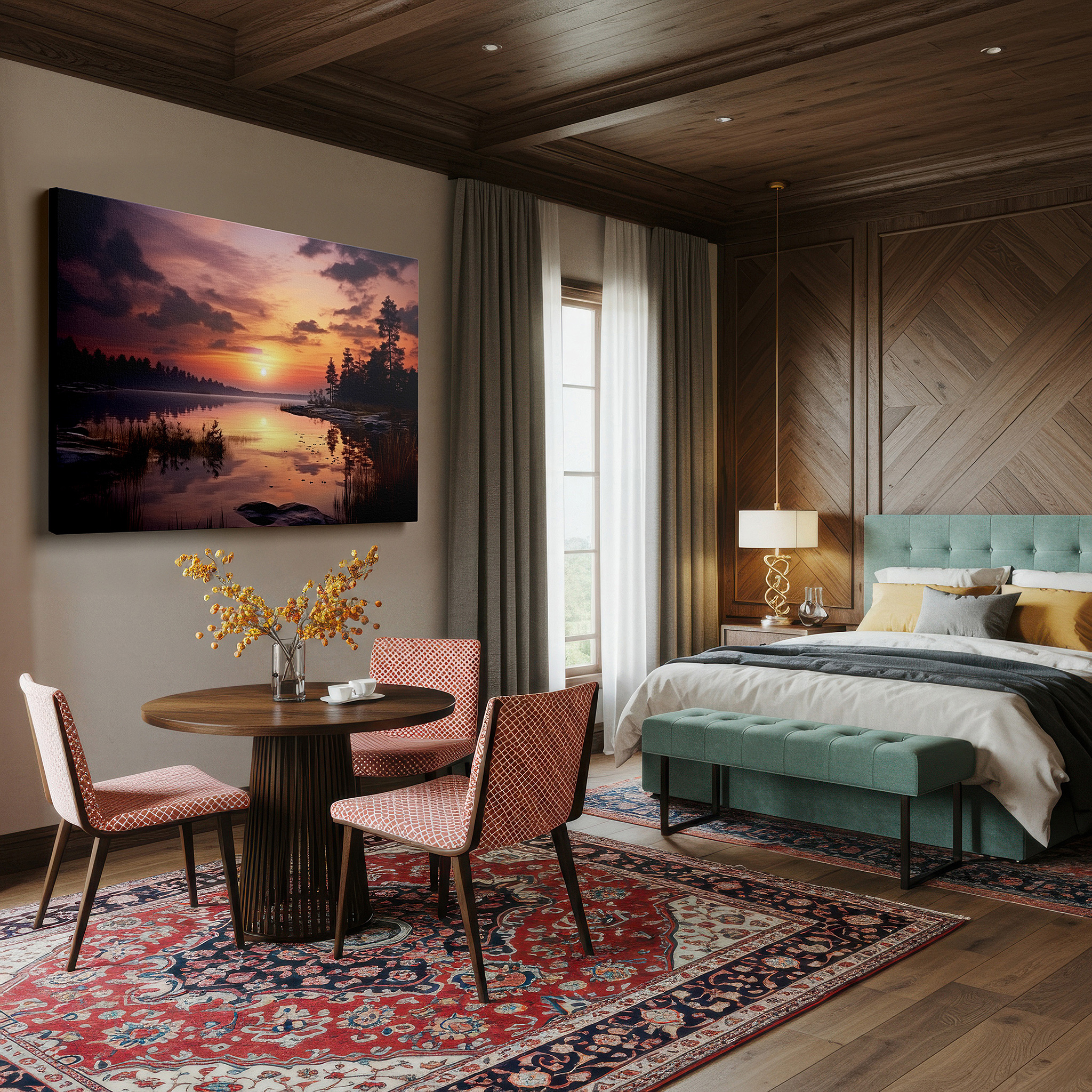 Side profile highlights a tightly wrapped canvas over a 3 cm deep stretcher — twilight serenity: large canvas wall art featuring lake reflections and silhouetted trees for office, bedroom, and living room decor