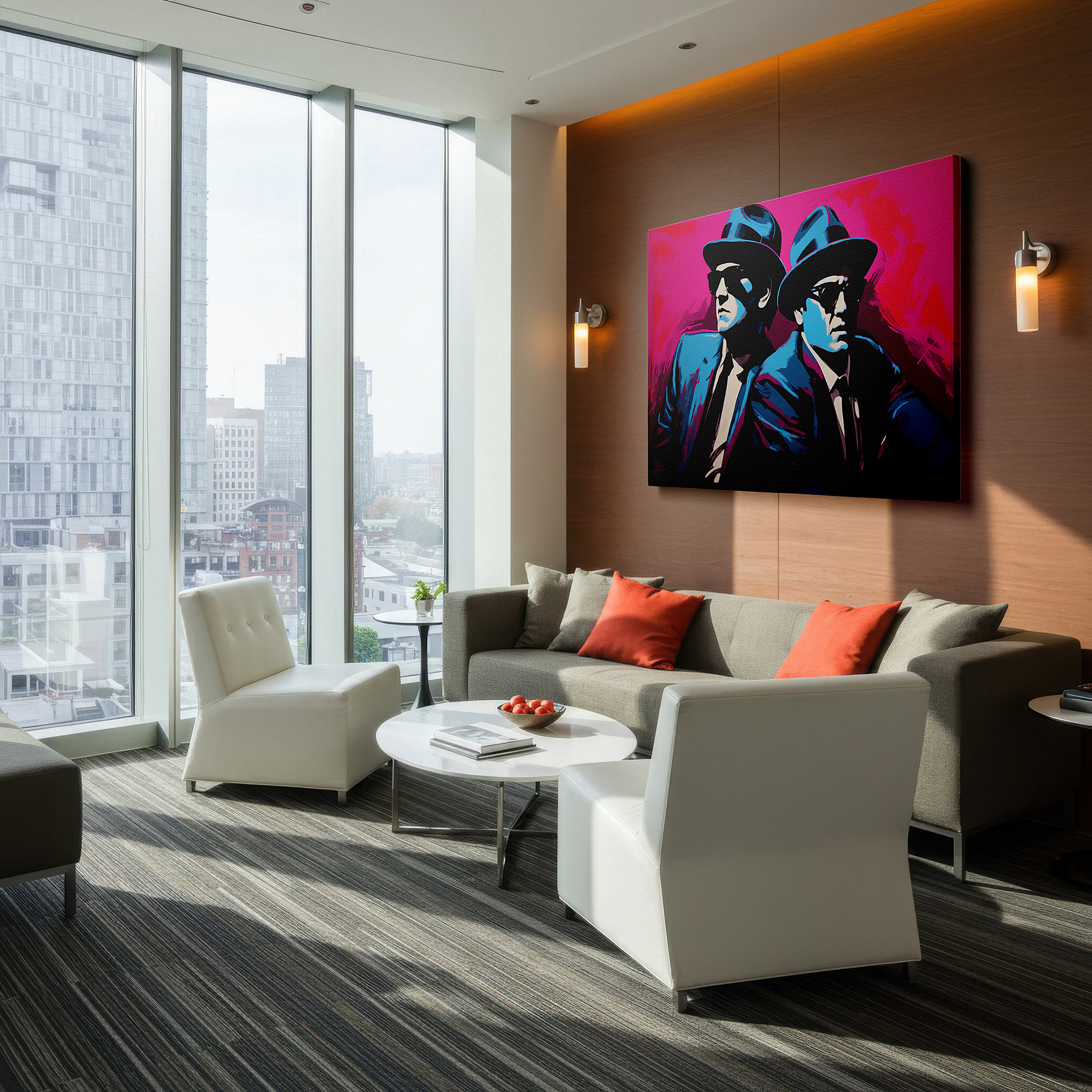 Side profile highlights a tightly wrapped canvas over a 3 cm deep stretcher — vibrant pink and blue iconic duo - modern pop art style large wall art, canvas wall art, wall decor for office and bedroom