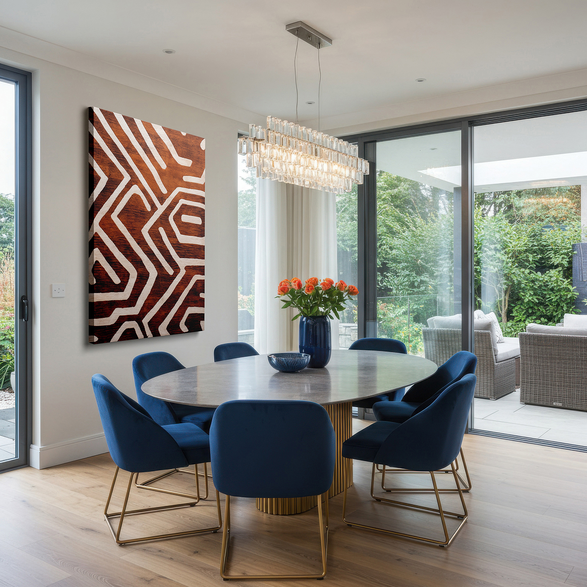 Side profile highlights a tightly wrapped canvas over a 3 cm deep stretcher — visual harmony through textile transformation: celebrating intricate patterns and earthy tones in large wall art, canvas wall art, and office wall decor