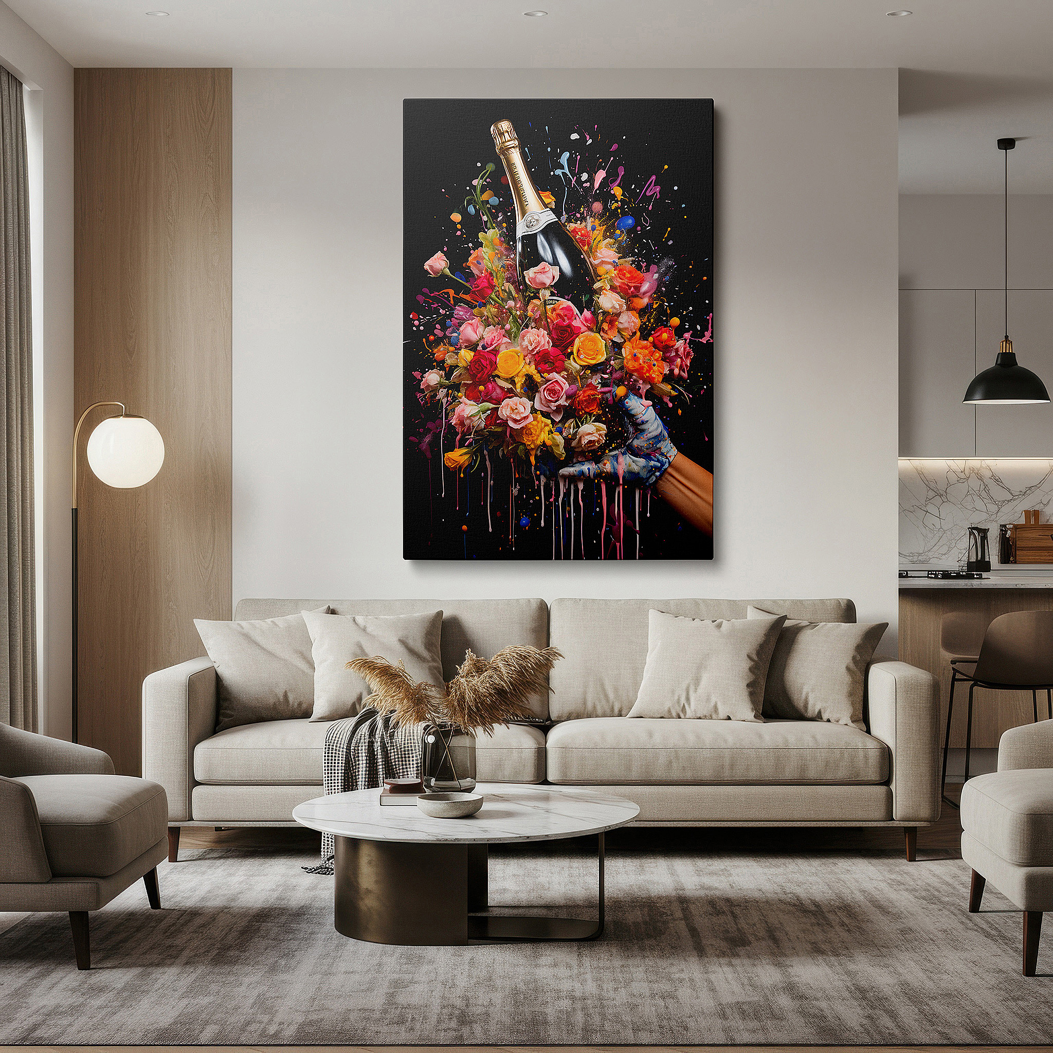 Side profile highlights a tightly wrapped canvas over a 3 cm deep stretcher — wall art: a celebration of life with champagne and vibrant bursts of joy and creativity - large canvas wall art for office and bedroom decor