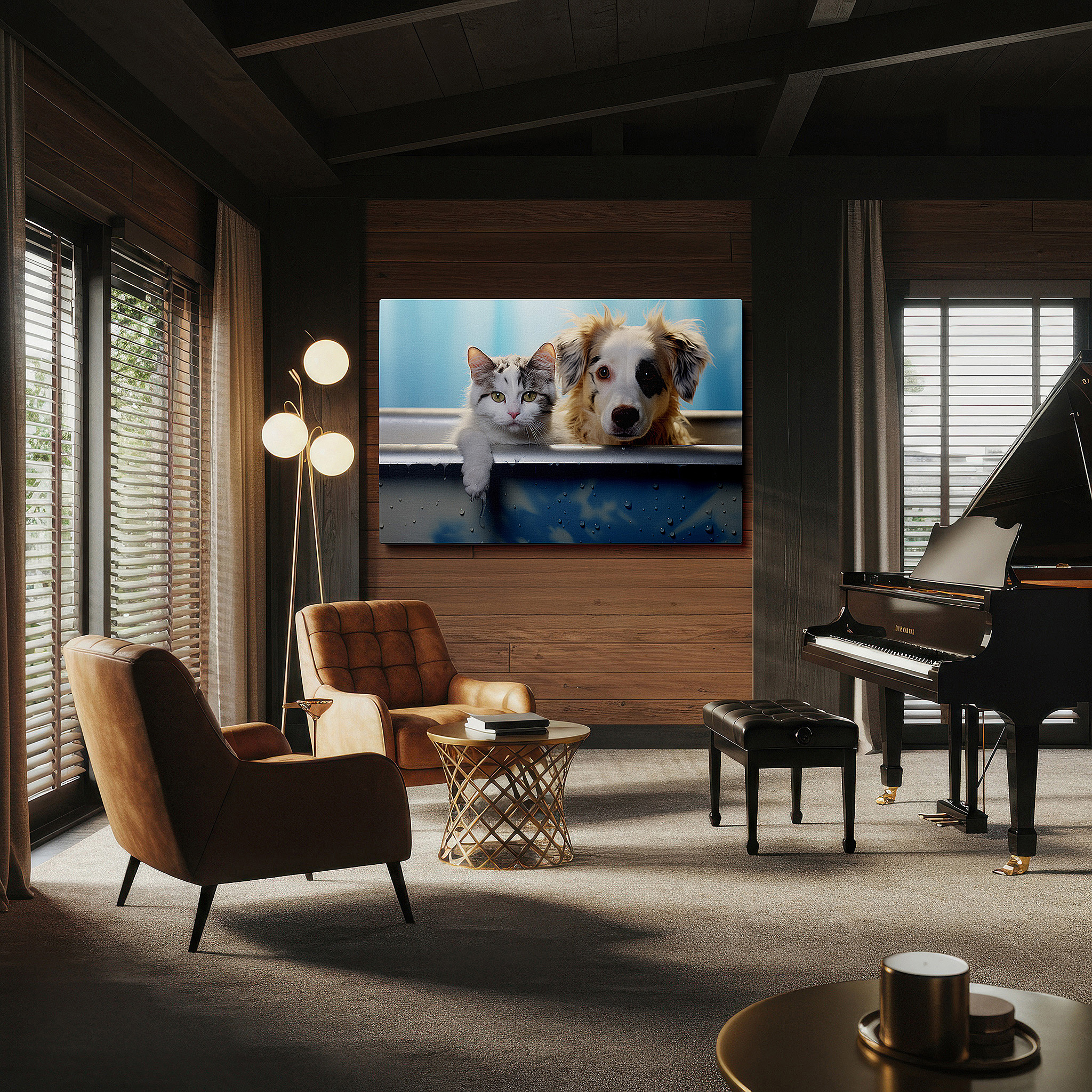 Side profile highlights a tightly wrapped canvas over a 3 cm deep stretcher — wall art: charming scene of a fluffy dog and adorable cat sharing a cozy bathtub, exemplifying interspecies friendship - large canvas wall art decor.