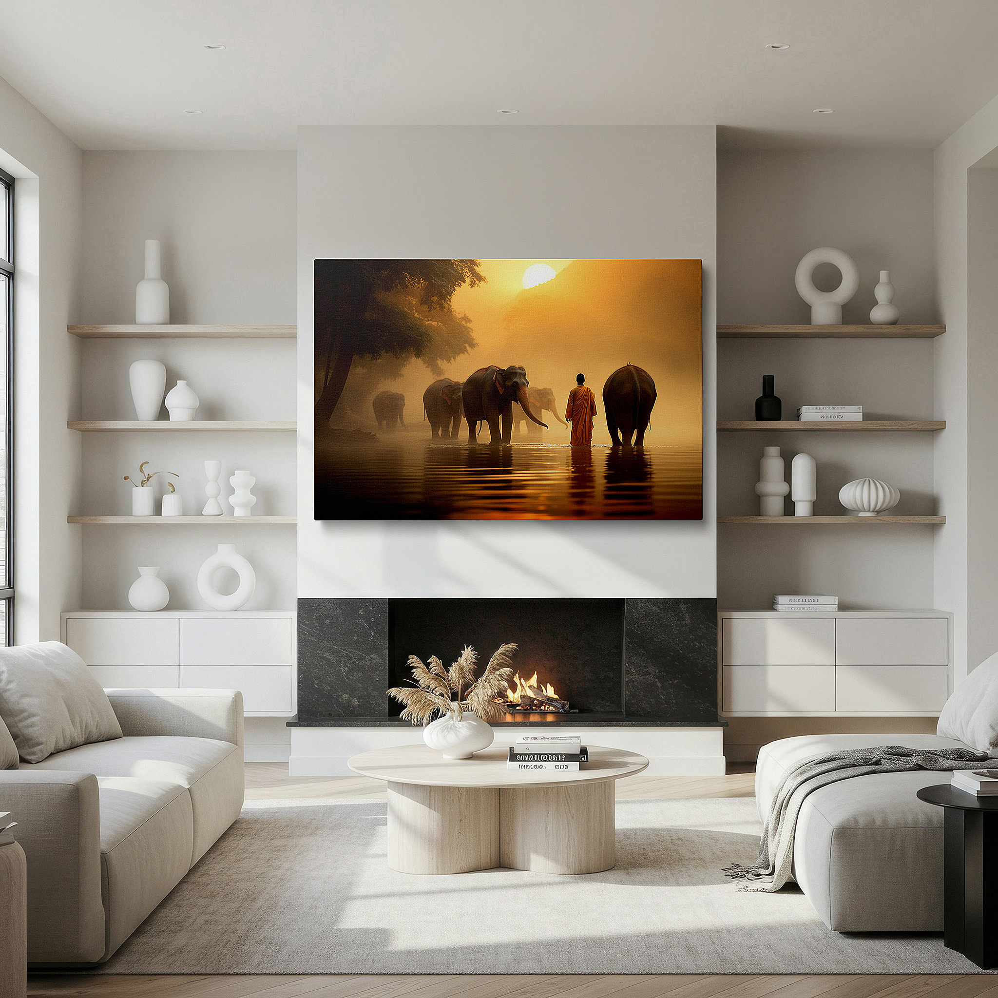 Side profile highlights a tightly wrapped canvas over a 3 cm deep stretcher — wall art: experience harmony and spirituality with this misty sunrise scene featuring monks and elephants. perfect for office, bedroom, or living room decor. available as large canvas wall art.