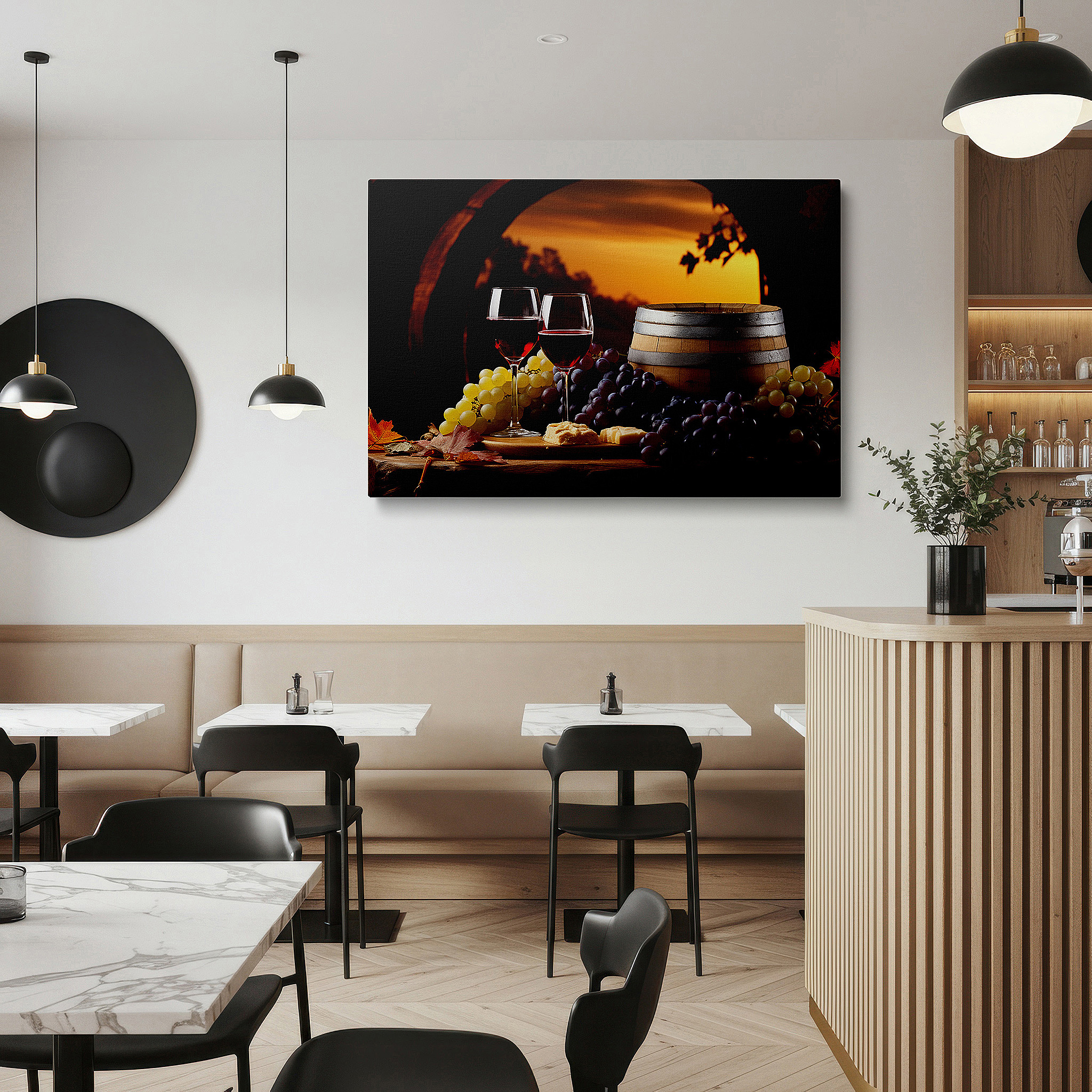 Side profile highlights a tightly wrapped canvas over a 3 cm deep stretcher — wall art: explore culinary excellence and artisan craftsmanship featuring wine, cheese, and grapes - large canvas prints for home and office decor