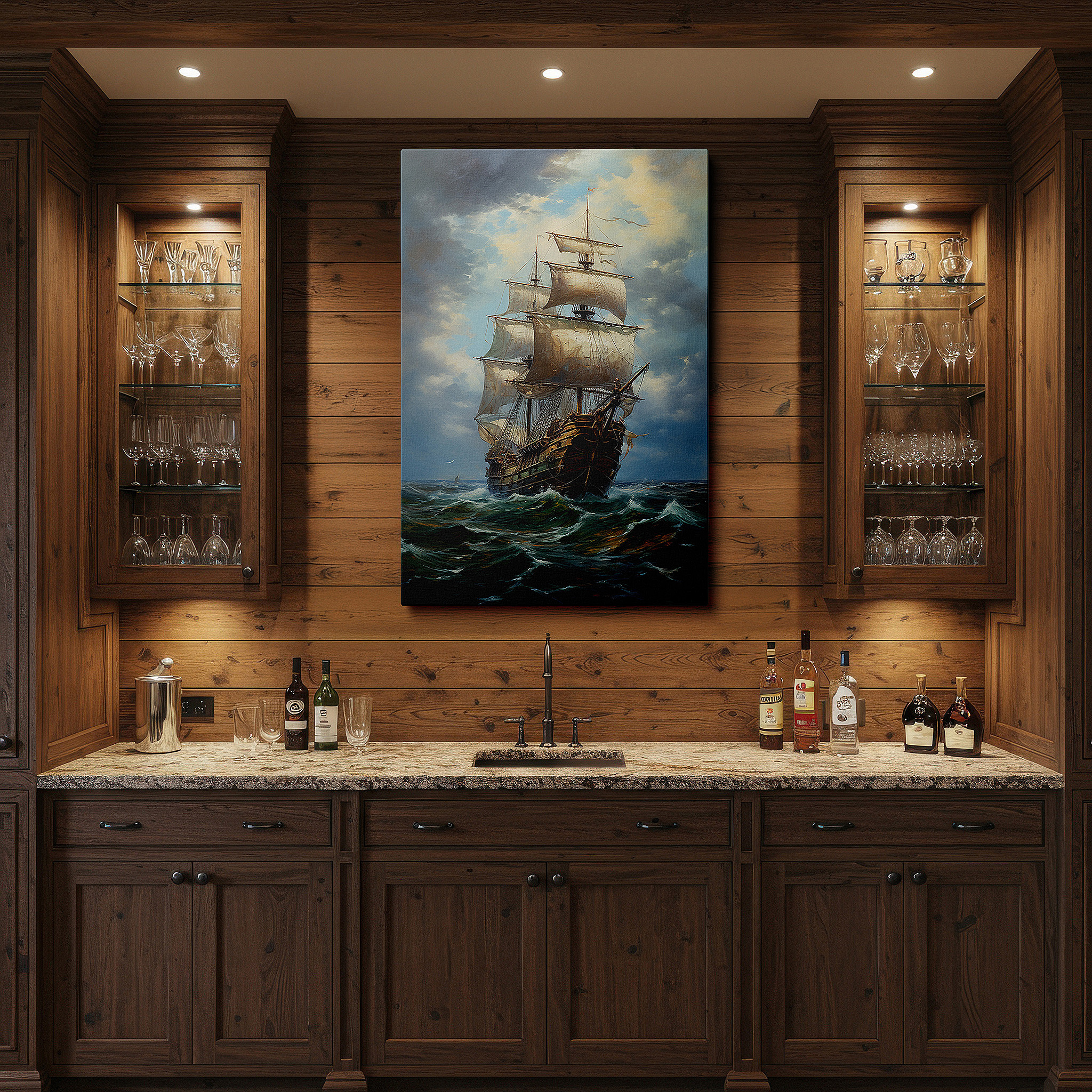 Side profile highlights a tightly wrapped canvas over a 3 cm deep stretcher — wall art: "majestic ship battles nature's fury" - a salute to resilience and adventure. ideal for office and bedroom decor, available as large canvas wall art.