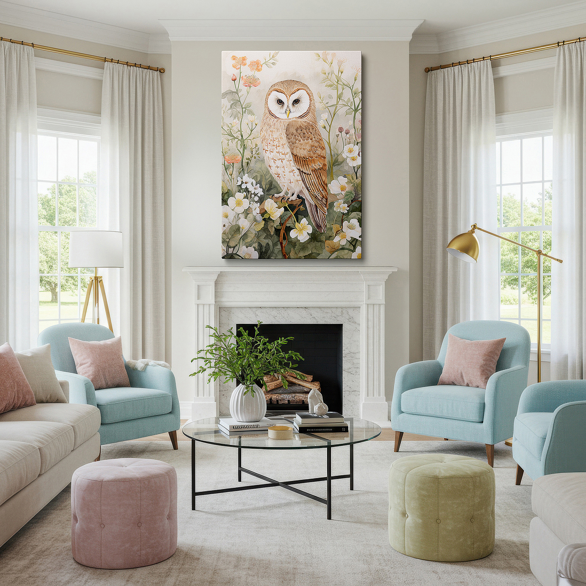 Side profile highlights a tightly wrapped canvas over a 3 cm deep stretcher — wall art: serene barn owl and wildflowers scene - large canvas for home and office decor, perfect for living rooms and bedrooms