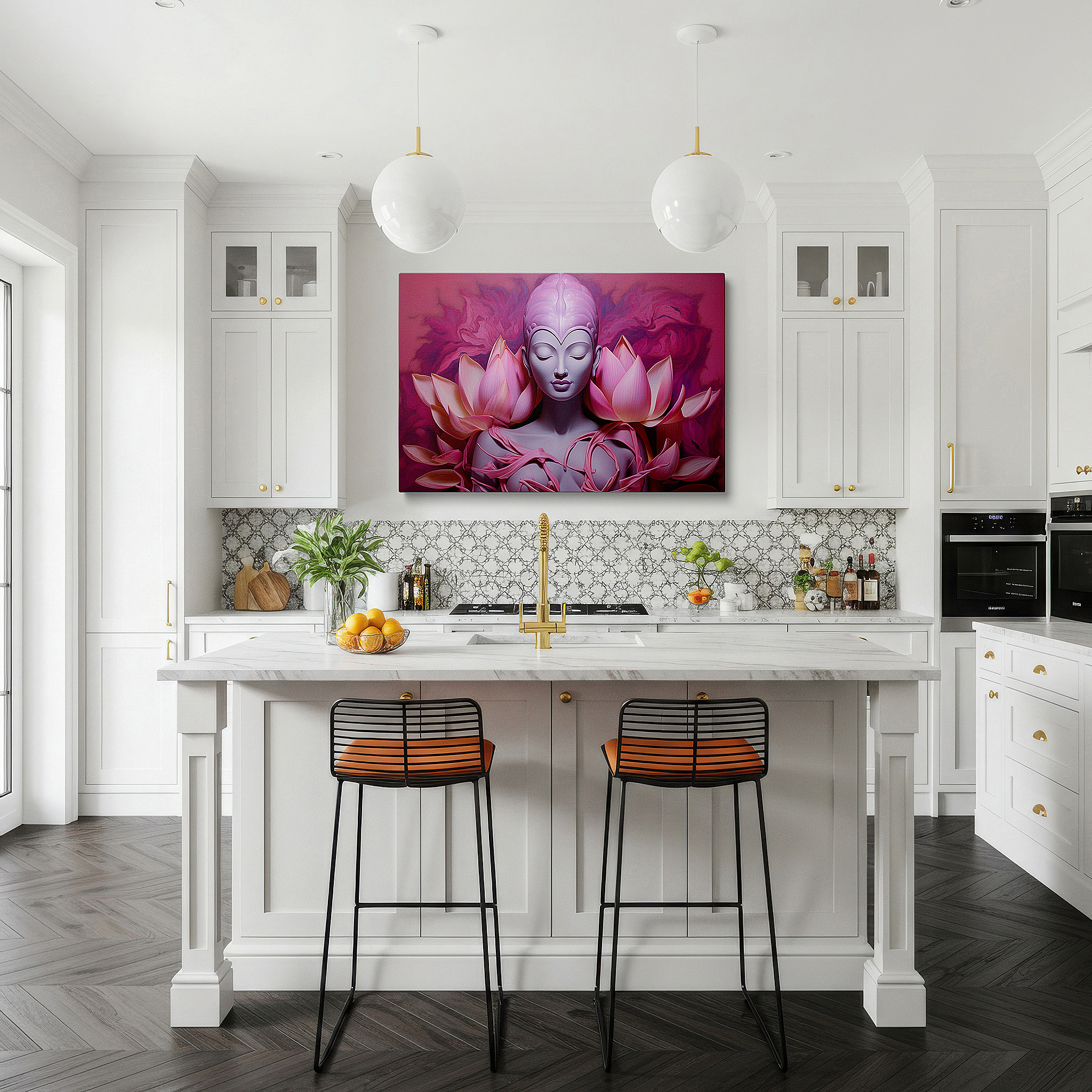 Side profile highlights a tightly wrapped canvas over a 3 cm deep stretcher — wall art: serene meditative figure surrounded by vibrant lotus petals, representing purity and spiritual enlightenment - large canvas wall art for office decor