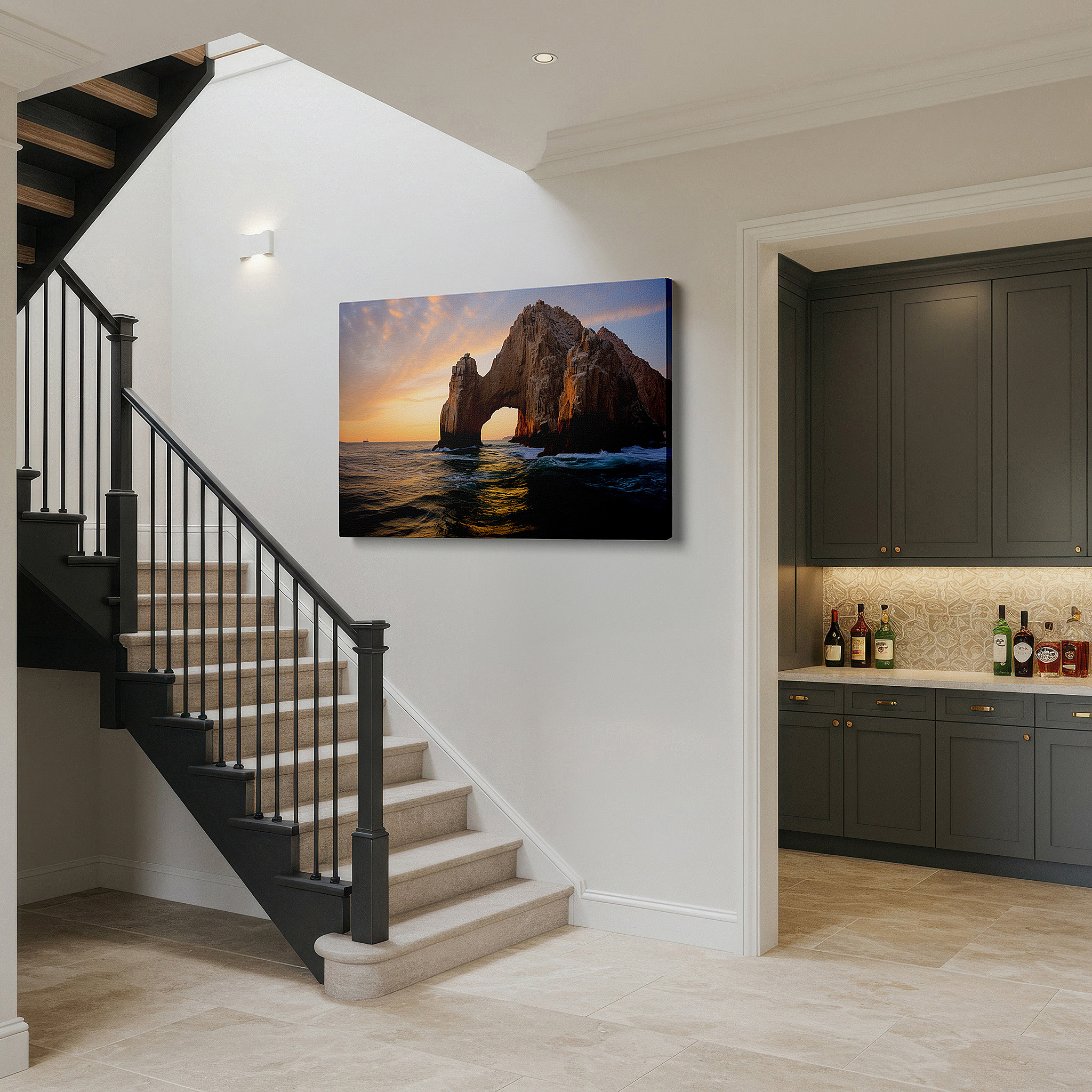 Side profile highlights a tightly wrapped canvas over a 3 cm deep stretcher — wall art: stunning ocean-edge rock formation bathed in sunset's glow - large canvas wall art for office, bedroom, and living room decor
