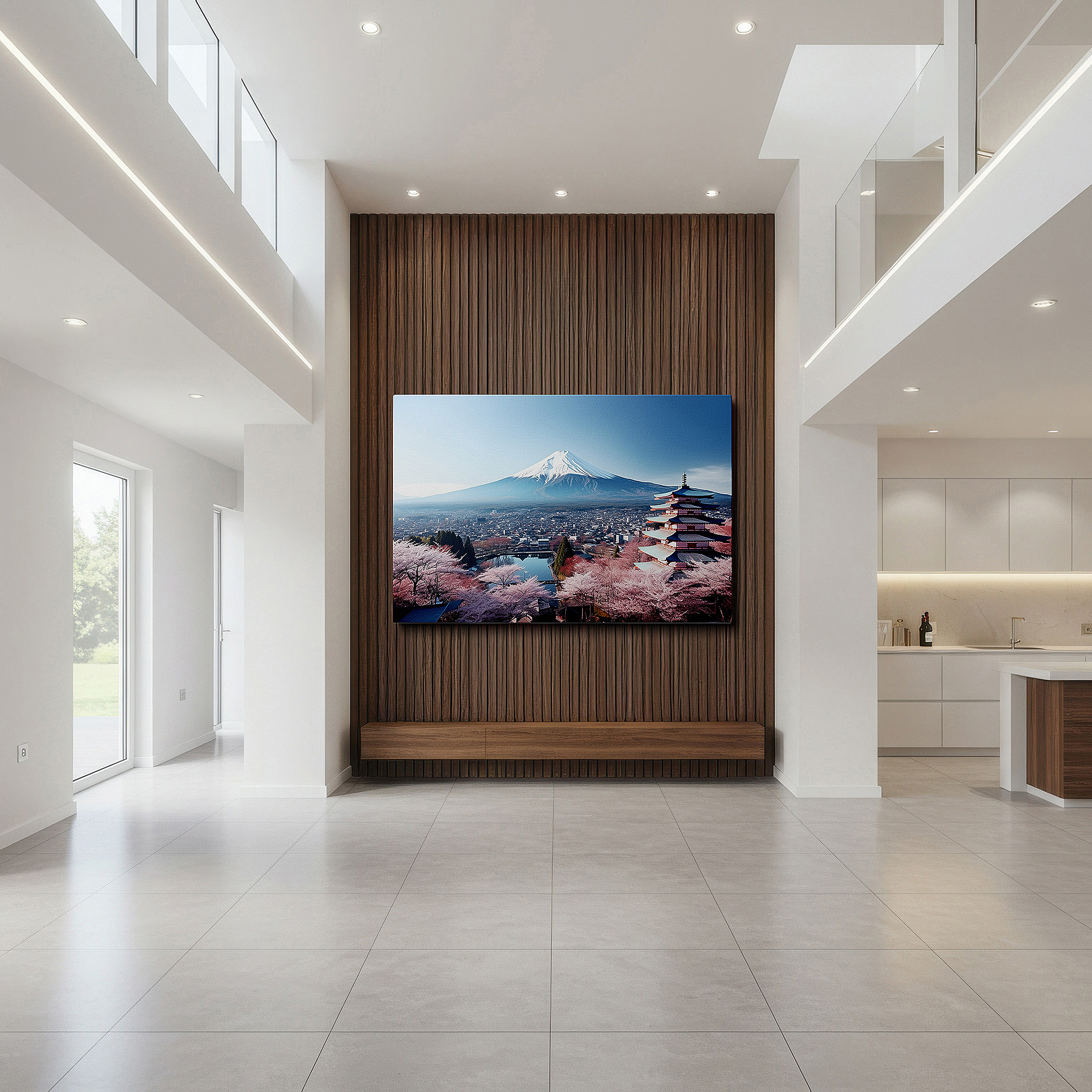 Side profile highlights a tightly wrapped canvas over a 3 cm deep stretcher — wall art: tranquil japanese spring scene featuring sakura in full bloom, mount fuji, and traditional pagoda - large canvas wall art for office decor