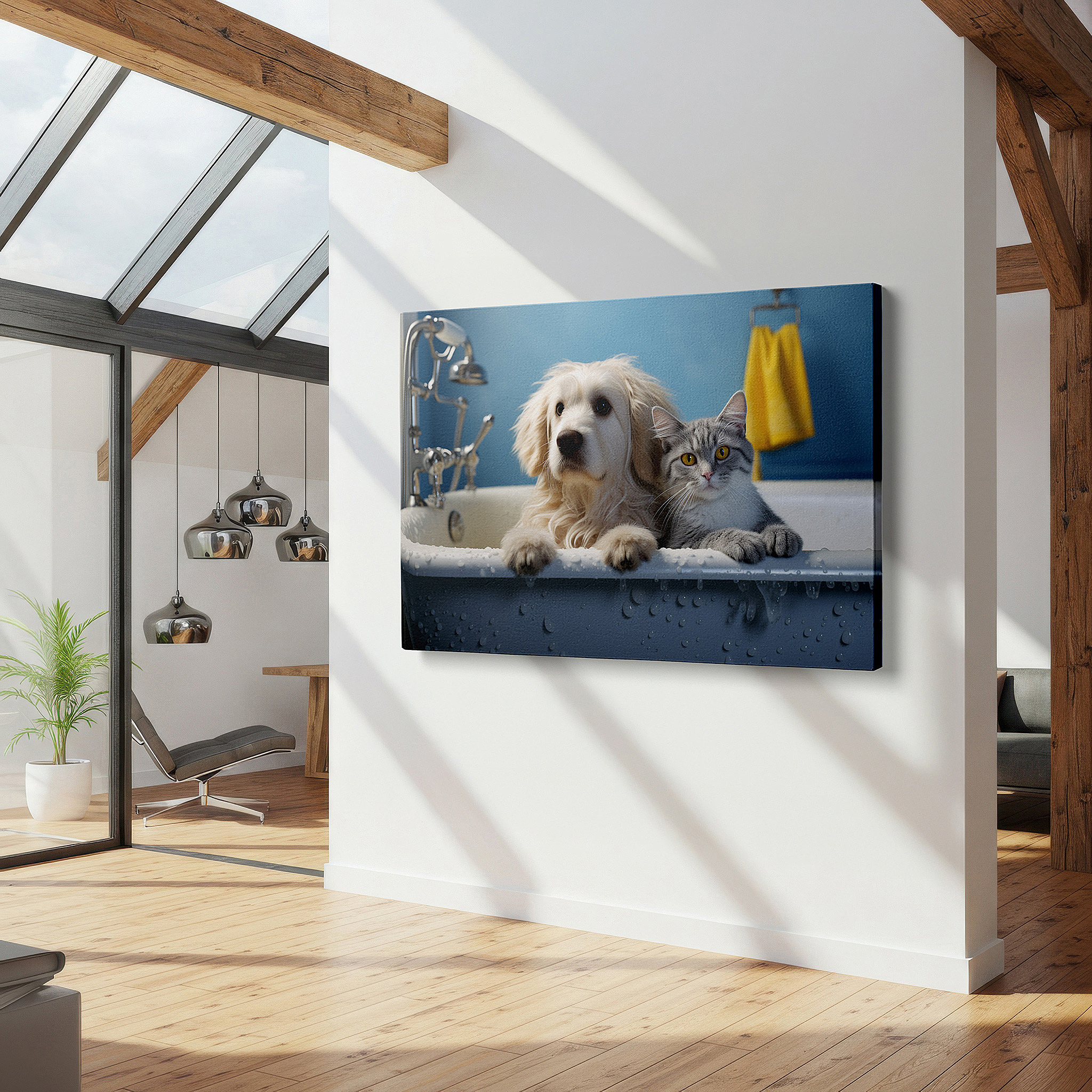 Side profile highlights a tightly wrapped canvas over a 3 cm deep stretcher — wall art: a whimsical scene of a golden dog and gray cat enjoying a peaceful bath together - large canvas wall art decor displaying interspecies friendship