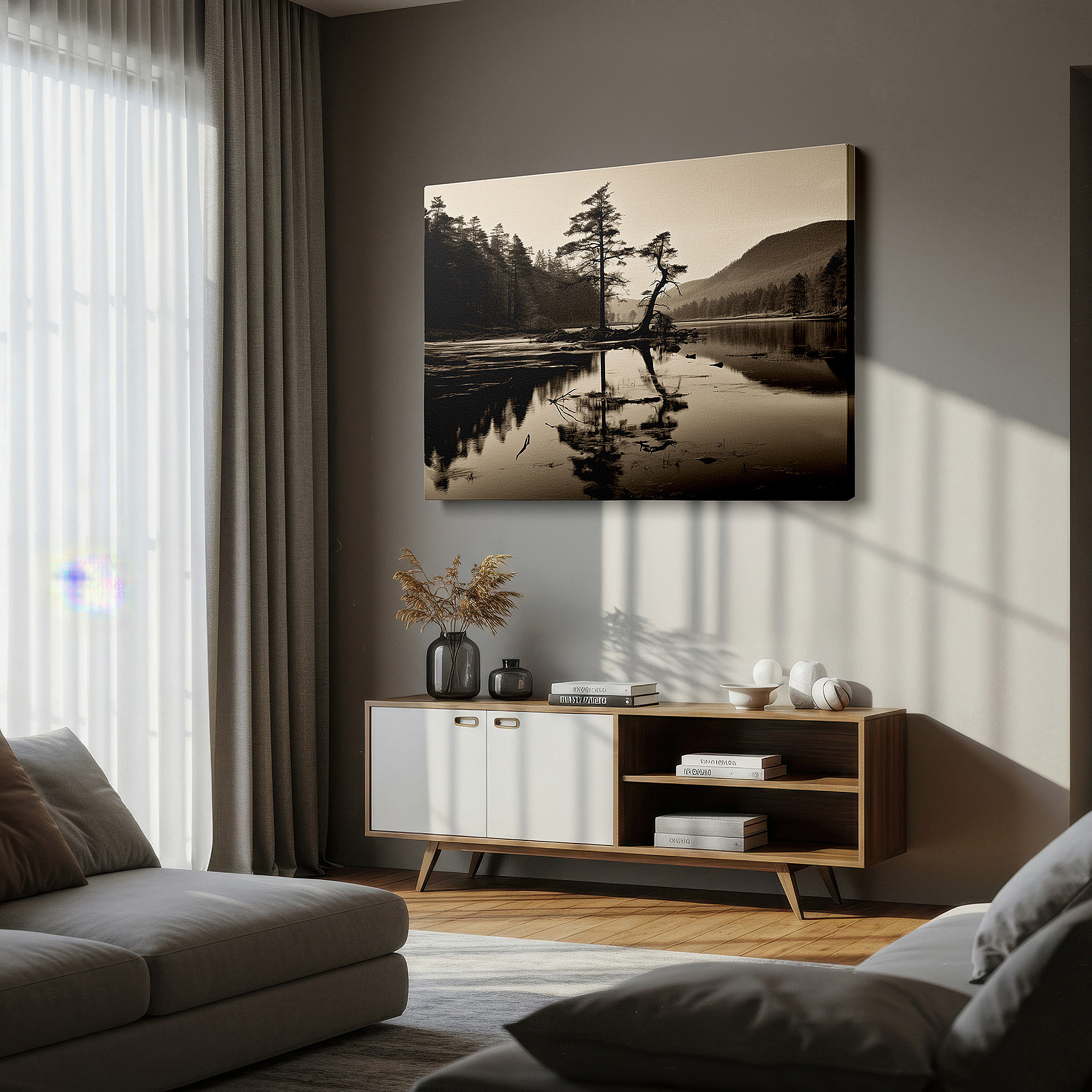 Side profile highlights a tightly wrapped canvas over a 3 cm deep stretcher — wall decor: peaceful riverbank and solitary tree in monochrome - reflecting nature's quietude, large canvas art for home and office decor