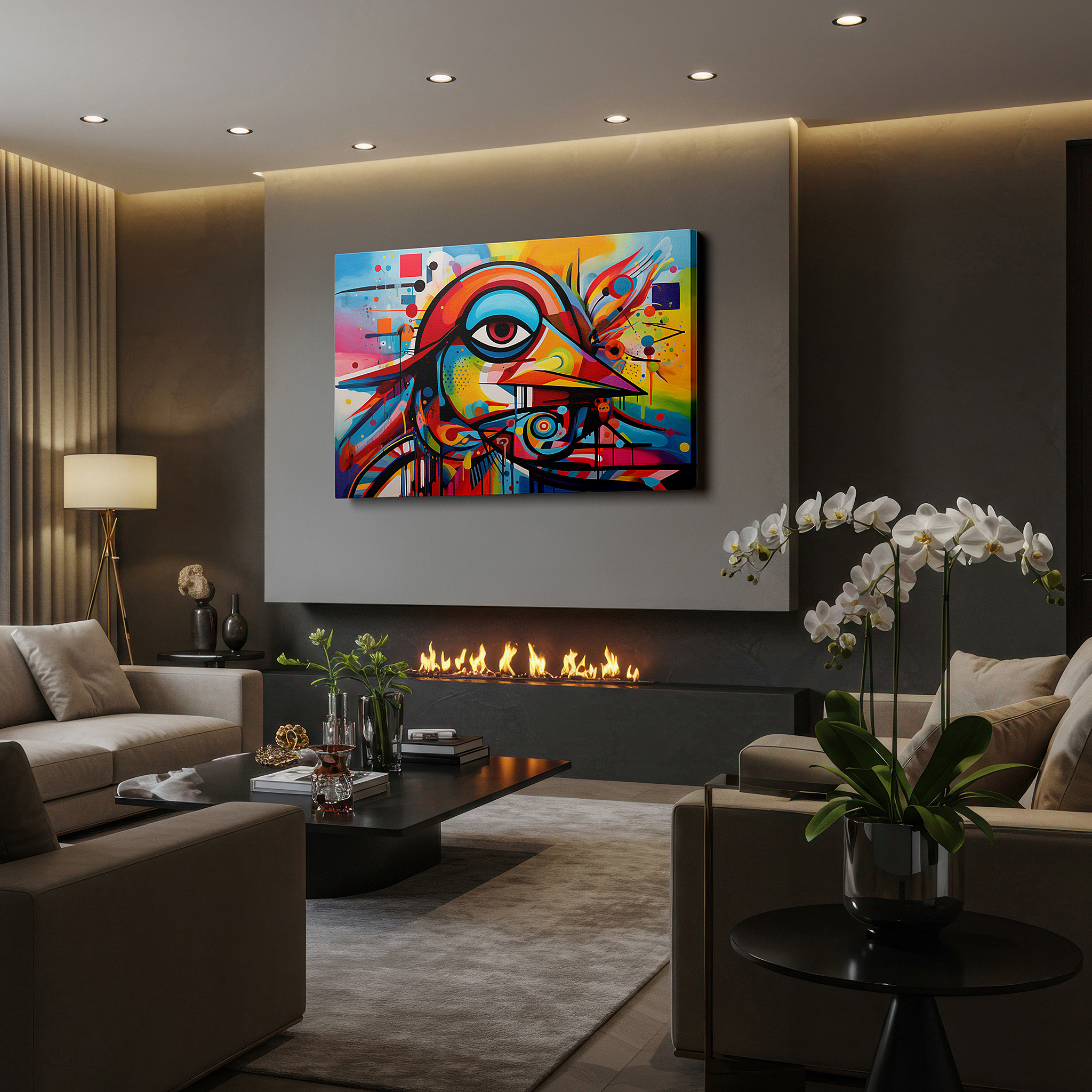 At 60×40 cm, this format fits effortlessly over dressers or benches — abstract geometric vibrant bird - dynamic nature and design fusion large wall art, canvas wall art, wall decor for office and bedroom