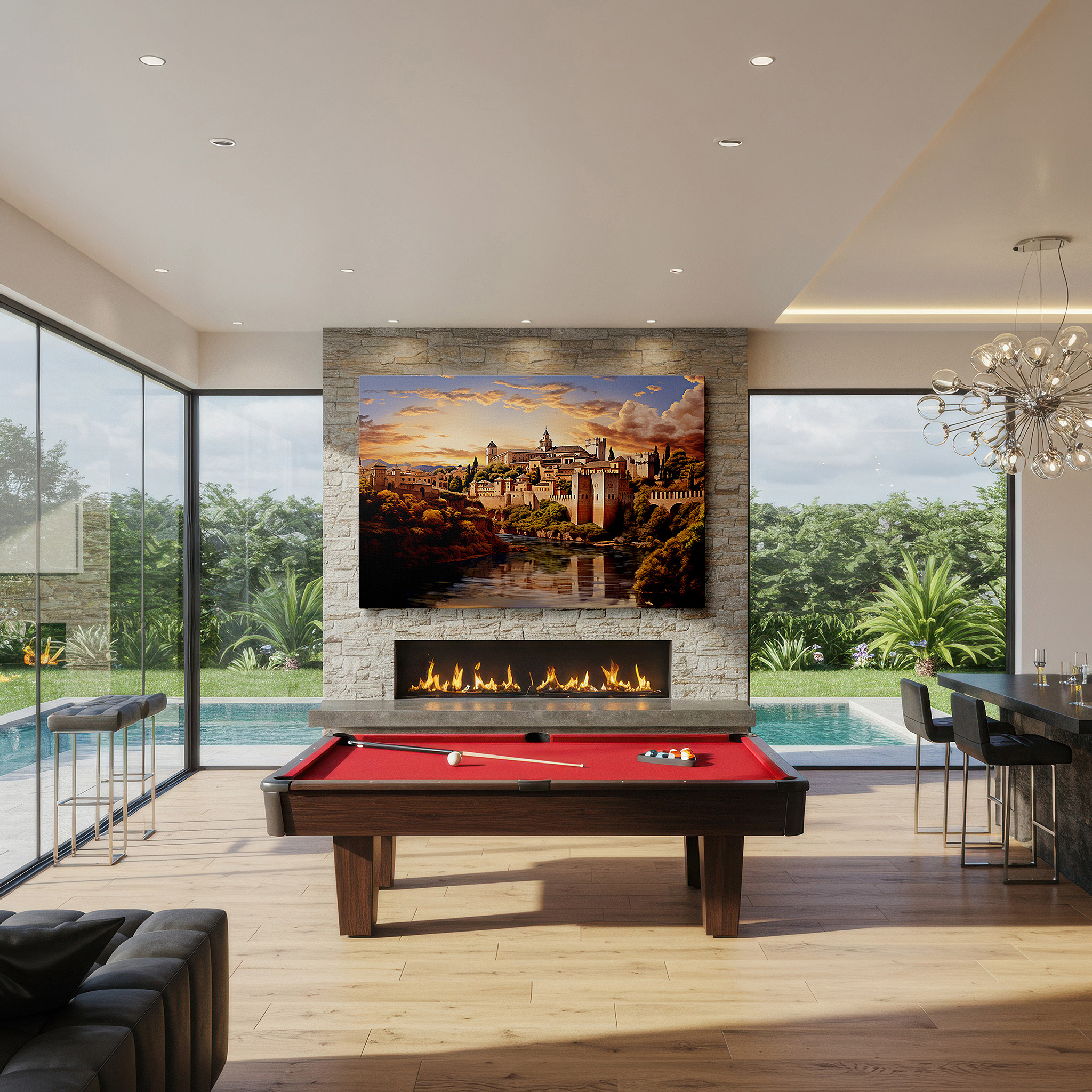 At 60×40 cm, this format fits effortlessly over dressers or benches — alhambra's autumn splendor: a canvas of fiery reds and earth tones set against historic grandeur - large wall art for office decor