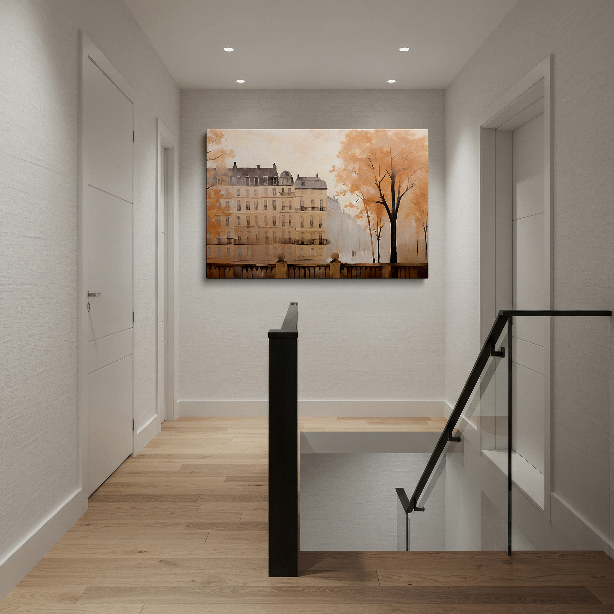 At 60×40 cm, this format fits effortlessly over dressers or benches — autumn cityscape canvas wall art featuring fiery leaves and cobblestone streets for office and bedroom decor