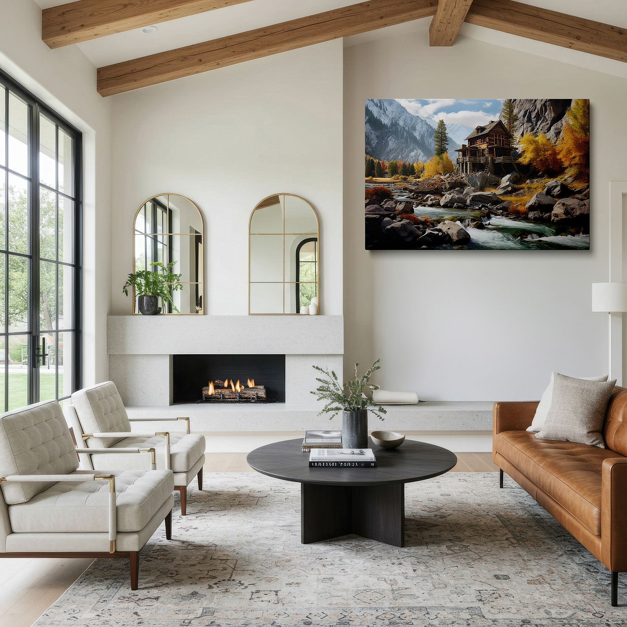 At 60×40 cm, this format fits effortlessly over dressers or benches — autumn-themed rustic cabin retreat large wall art for office, bedroom, and living room decor