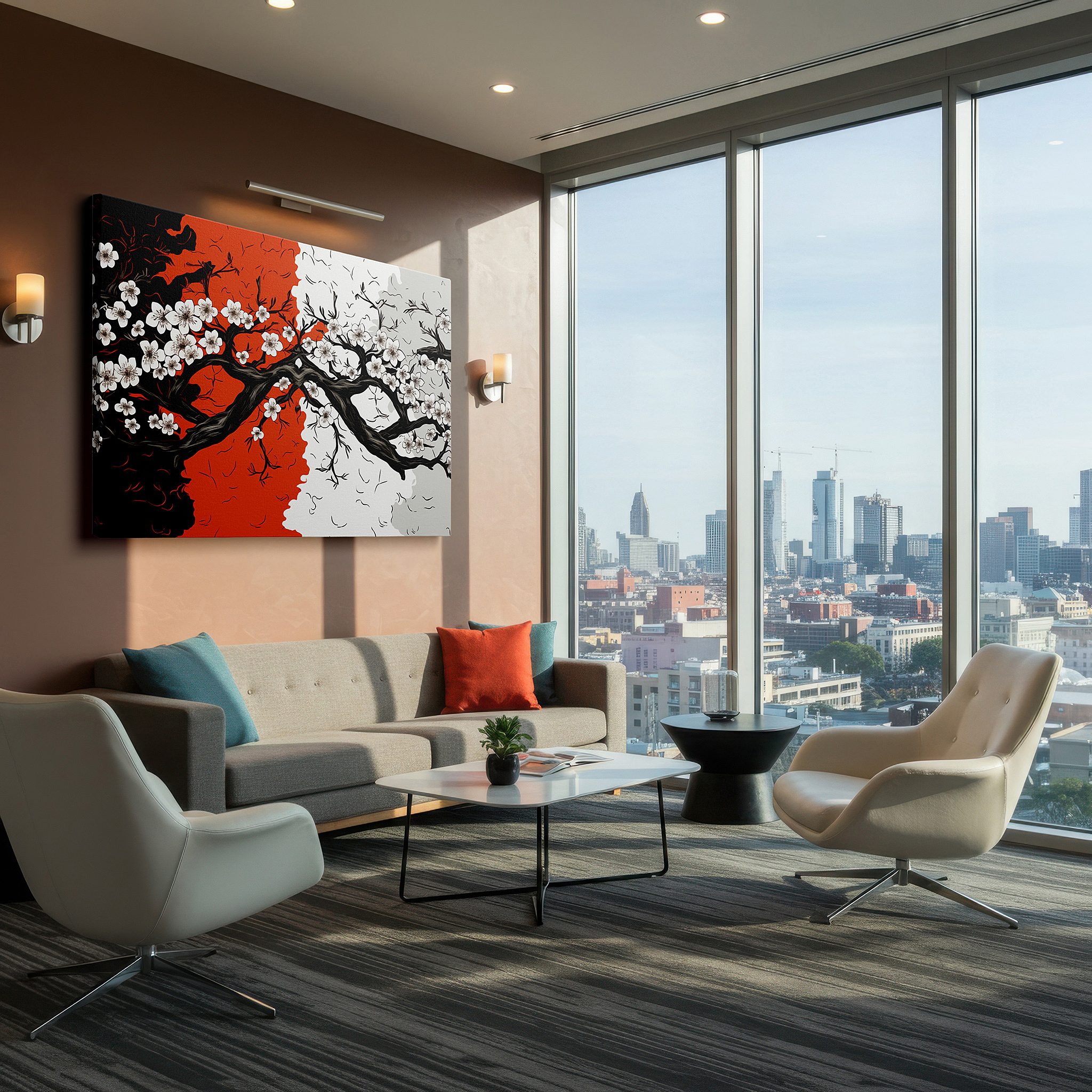 At 60×40 cm, this format fits effortlessly over dressers or benches — black, red, and white symphony: large wall art canvas featuring floral designs that evoke strength, serenity, and harmonious duality