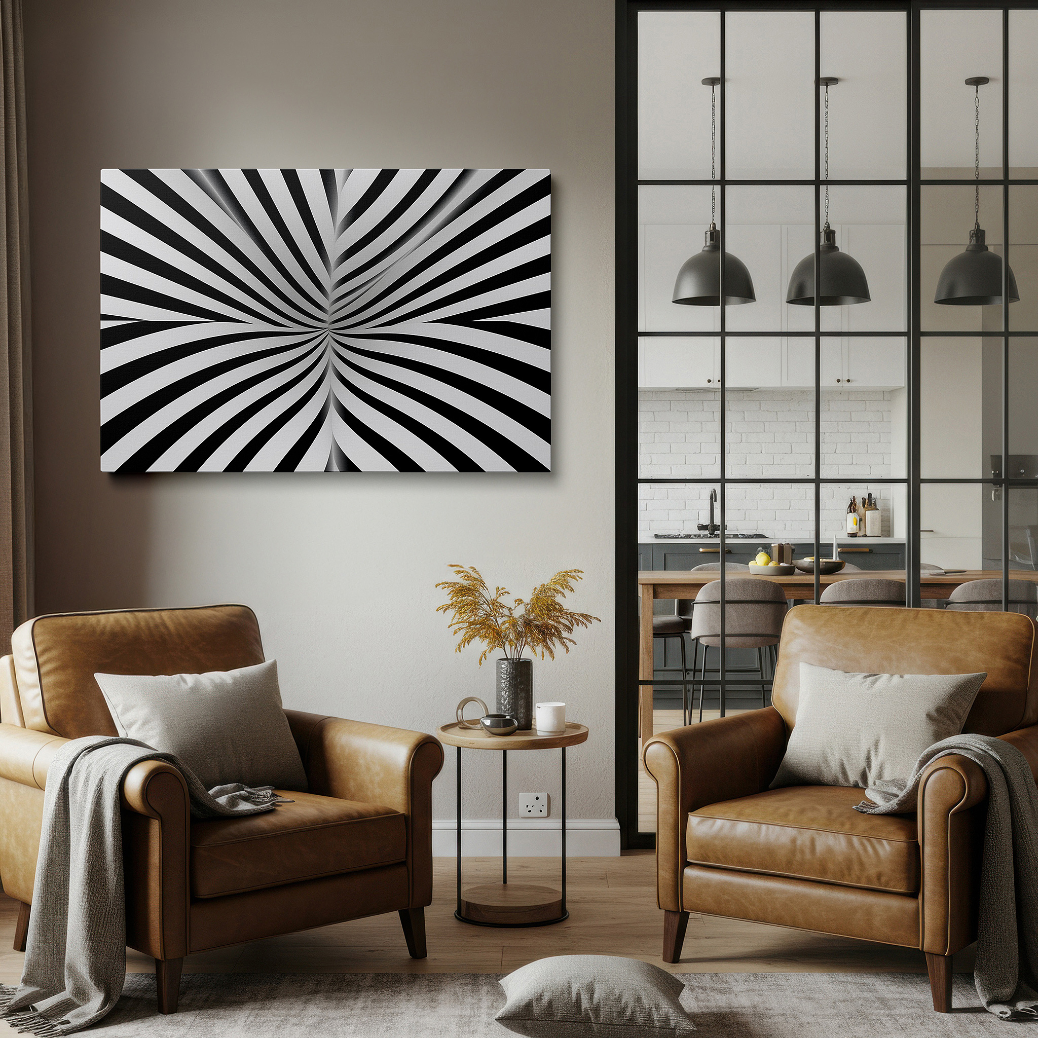 At 60×40 cm, this format fits effortlessly over dressers or benches — black and white hypnotic spiral, dynamic abstract vortex canvas, inspiring large wall art for office decor