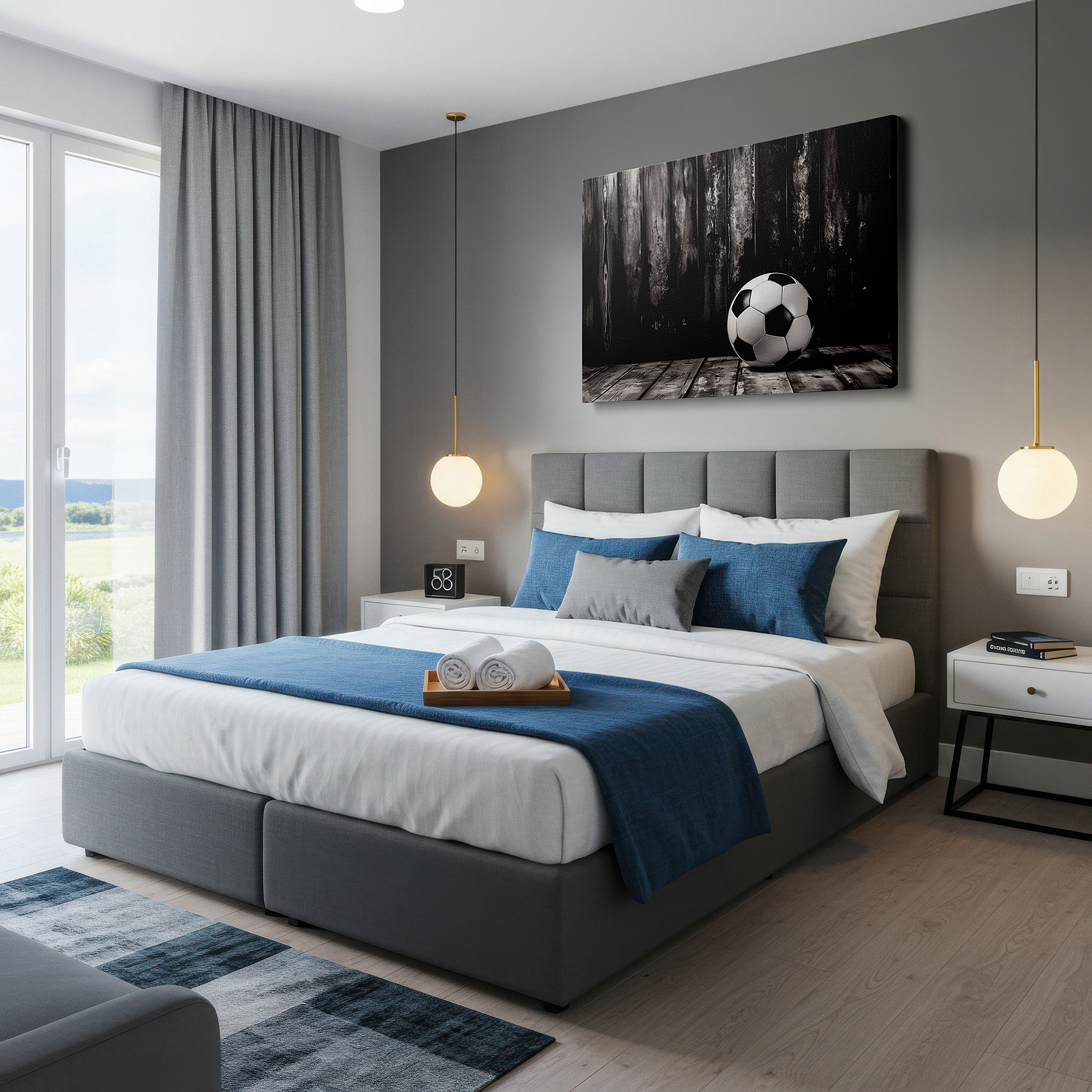 At 60×40 cm, this format fits effortlessly over dressers or benches — black and white soccer ball on rustic wooden floor - timeless tribute to the beautiful game, large canvas wall art for office decor