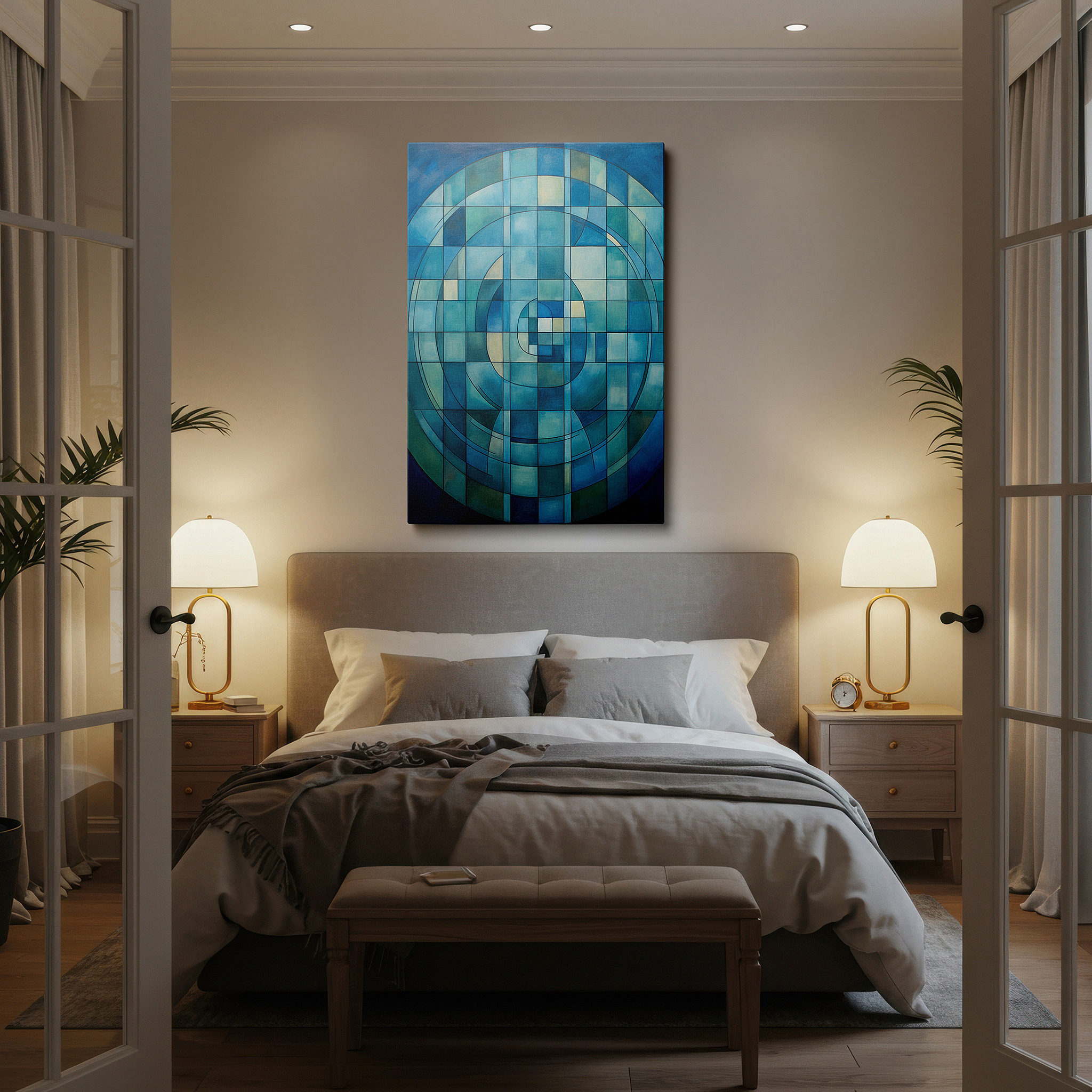 At 60×40 cm, this format fits effortlessly over dressers or benches — blue geometric symphony - abstract shapes large canvas wall art, office and bedroom wall decor