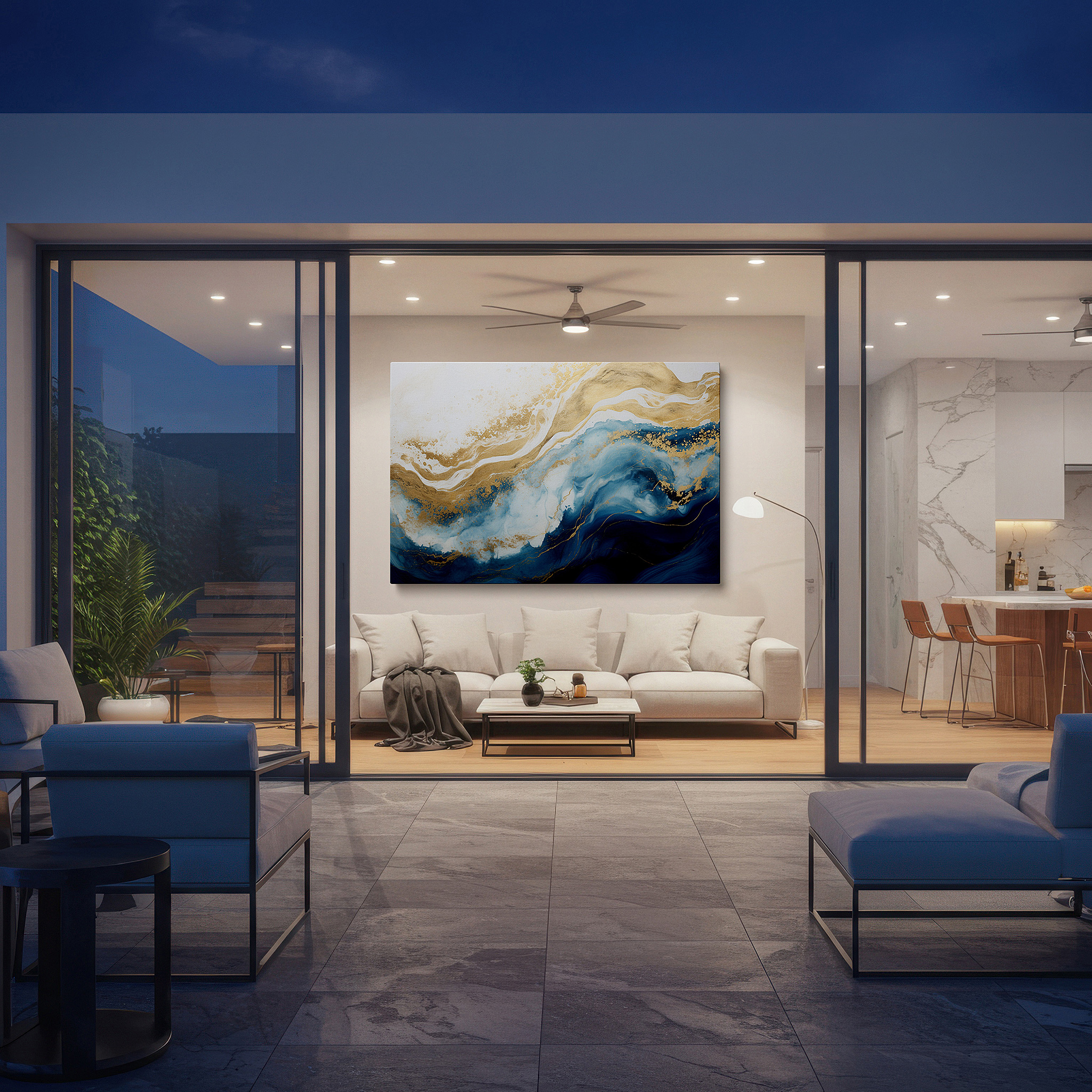 At 60×40 cm, this format fits effortlessly over dressers or benches — blue and gold swirling ocean-inspired masterpiece: tranquil large wall art for modern decor, canvas wall art, office wall decor