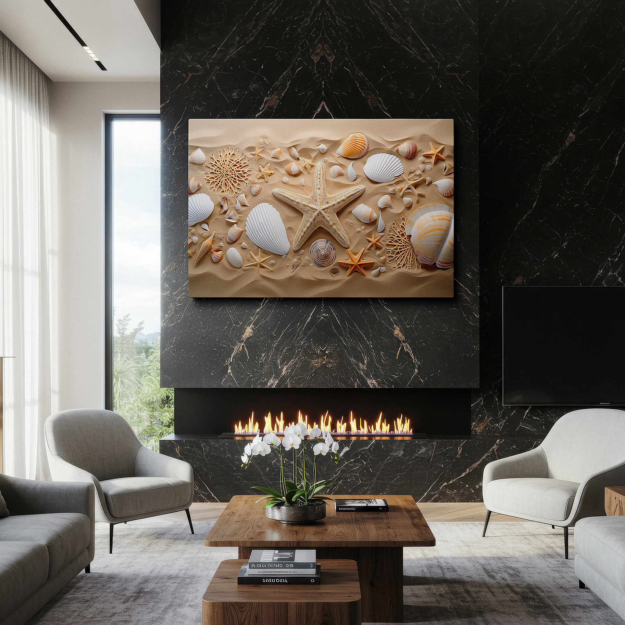 At 60×40 cm, this format fits effortlessly over dressers or benches — coastal gems on sunlit shores - peaceful shell and starfish collection large wall art, canvas wall art, wall decor for office and bedroom