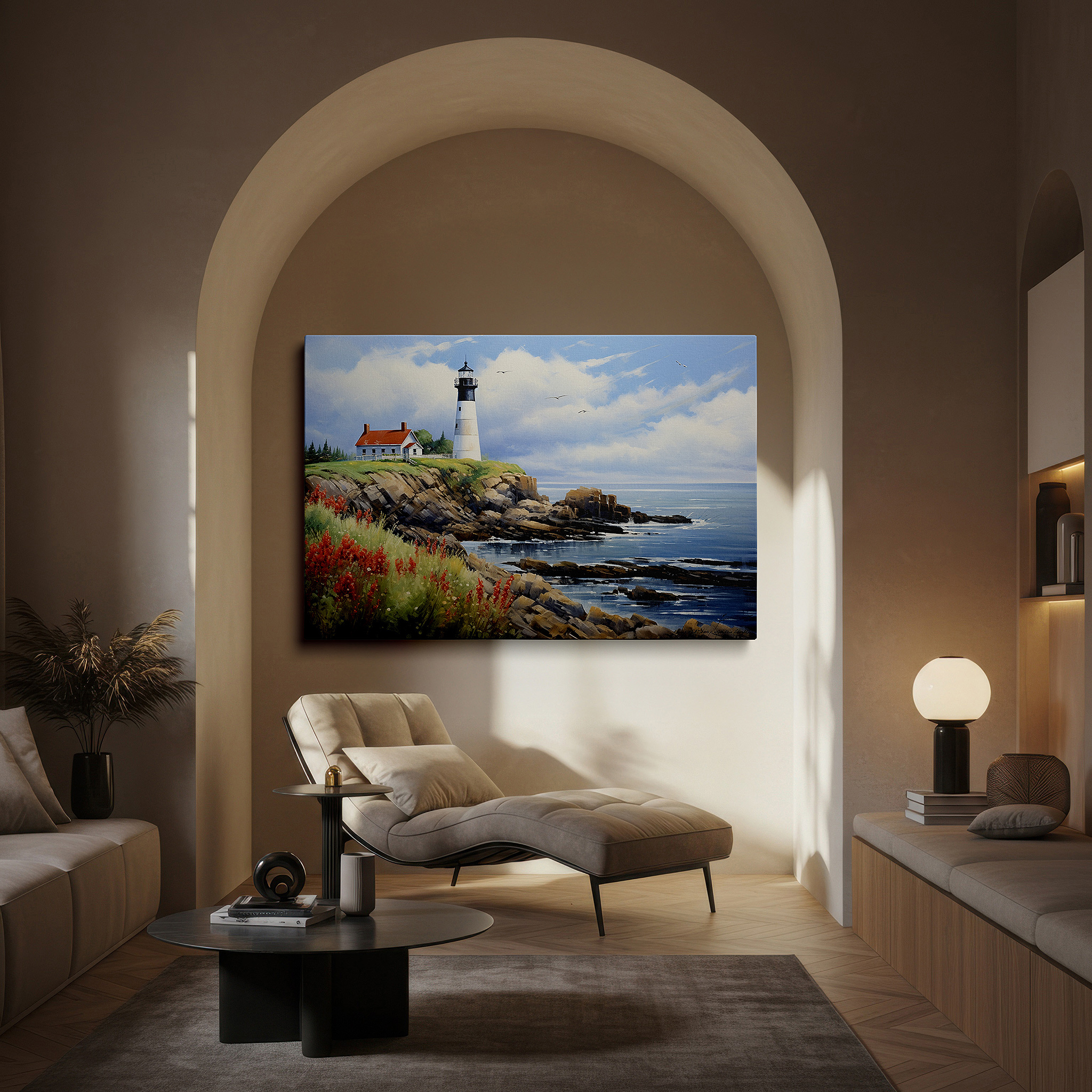 At 60×40 cm, this format fits effortlessly over dressers or benches — coastal lighthouse on a rugged cliff - tranquil beacon amidst nature's wild beauty: large wall art, canvas, wall decor for office