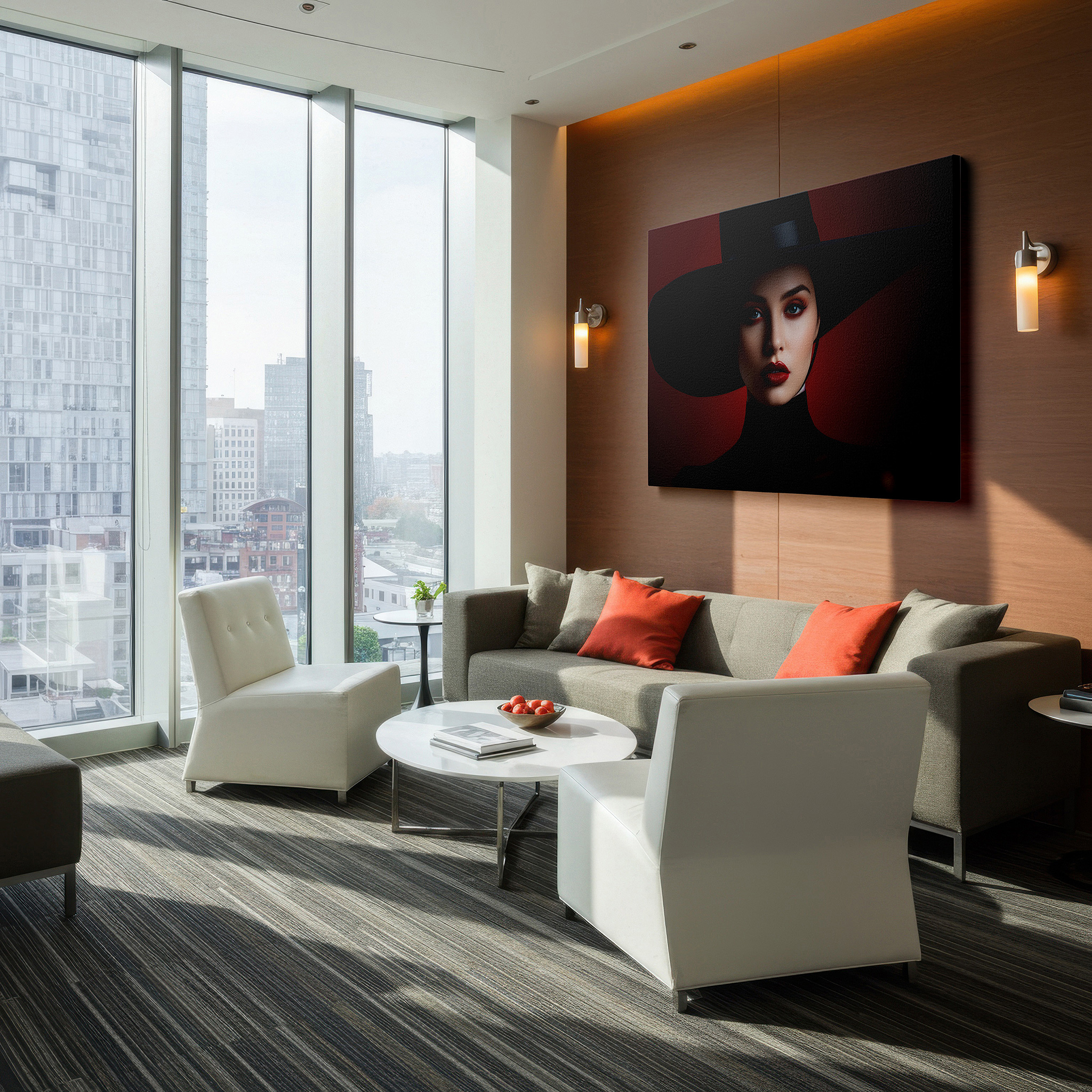 At 60×40 cm, this format fits effortlessly over dressers or benches — contemporary chic: striking large wall art featuring a bold model in a black hat and red makeup, perfect for office or bedroom decor