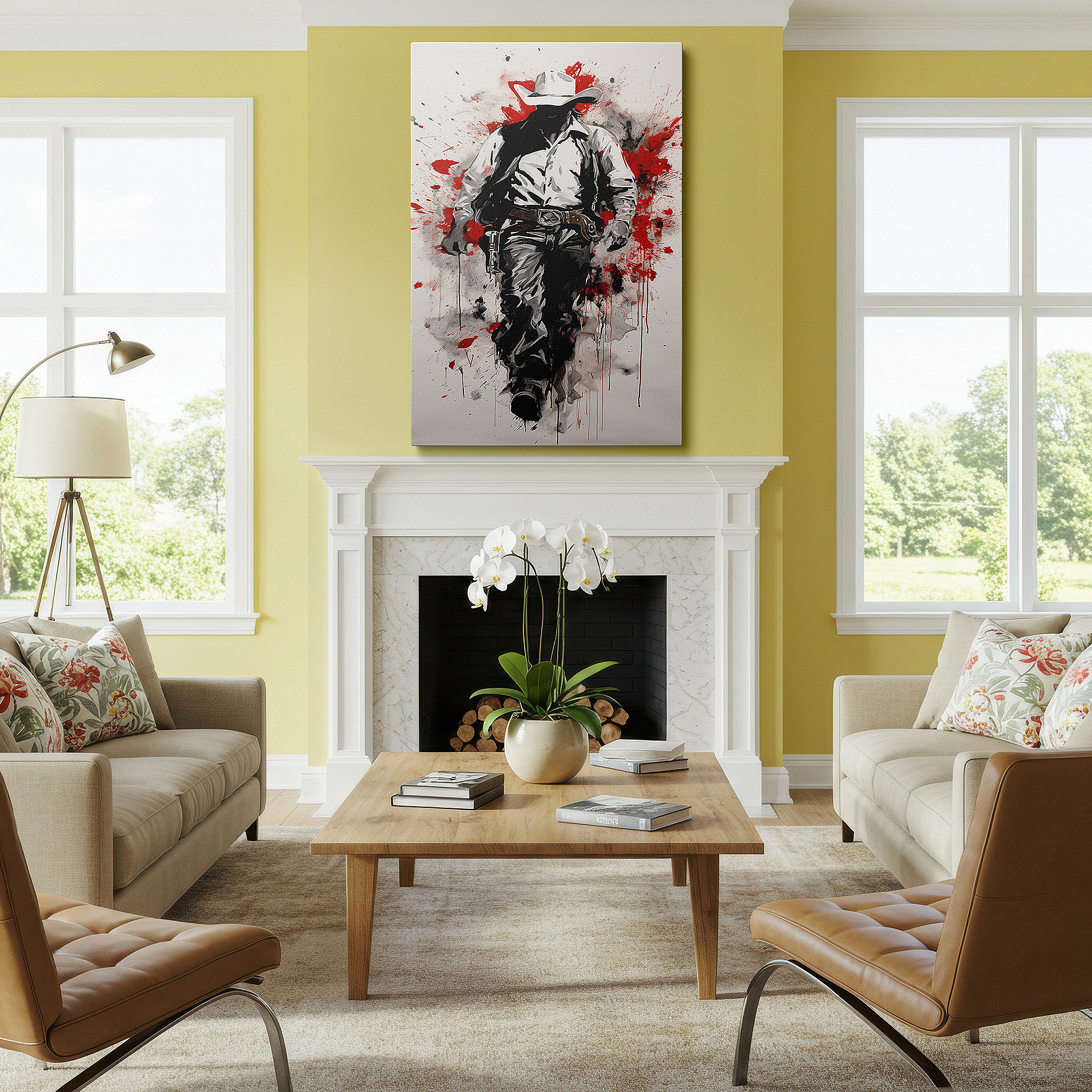 At 60×40 cm, this format fits effortlessly over dressers or benches — cowboy confidence in fiery red: a vivid american west expression - large wall art, canvas wall art, wall decor for office and bedroom
